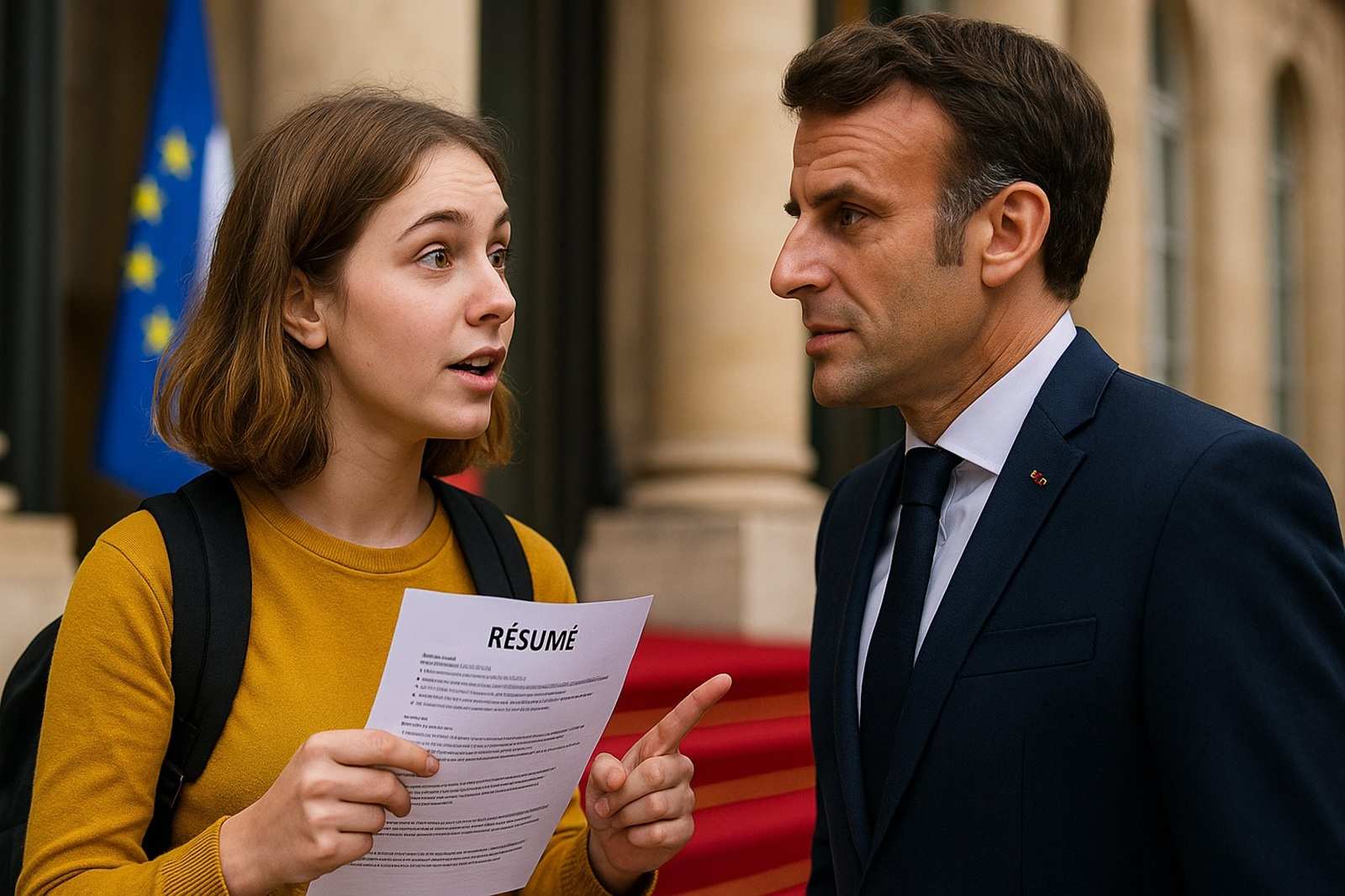 Estudante surpreende Macron ao pedir estágio durante o Fórum; presidente da França reage com humor e solicita que ela envie seu currículo