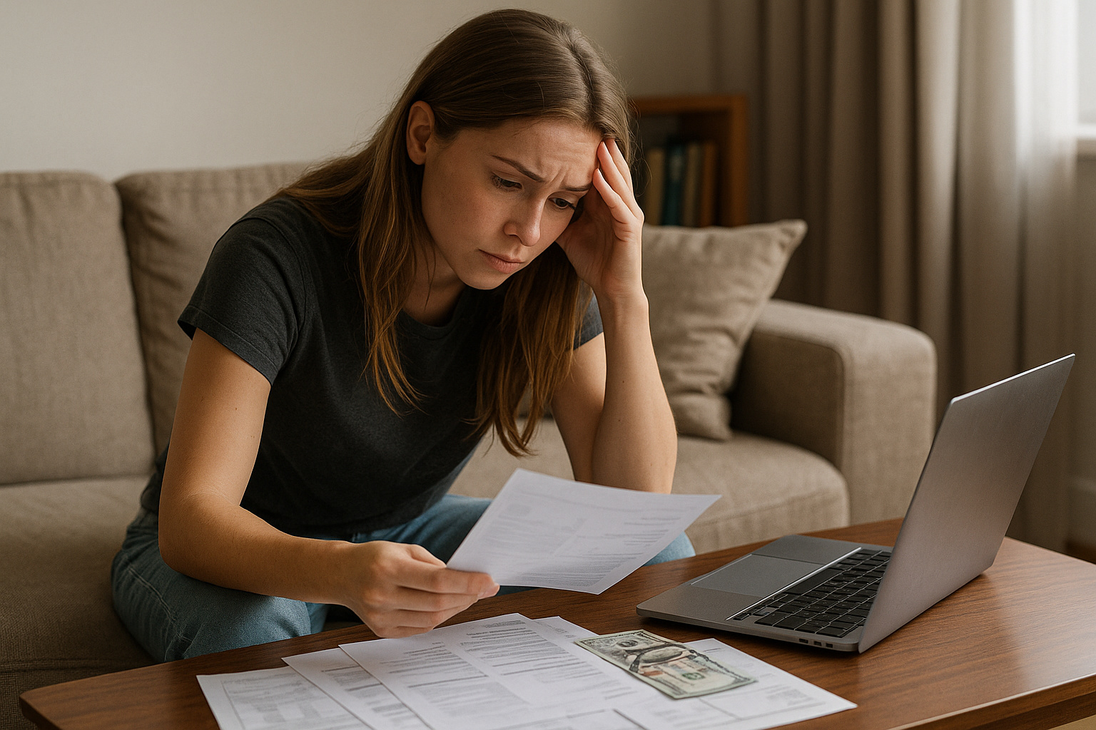 Jovem analisando contas ao lado de um notebook, representando dificuldades financeiras da Geração Z em 2025.