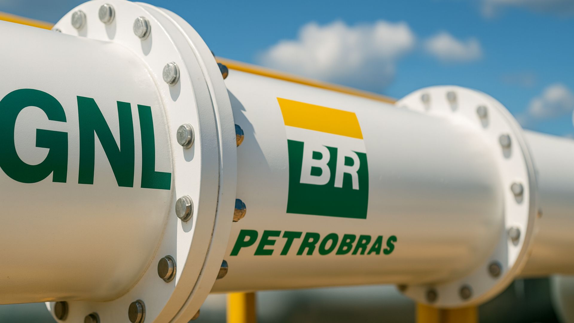 Tubulação branca de GNL com a palavra "GNL" e o logotipo da Petrobras em destaque, sob céu azul com nuvens.