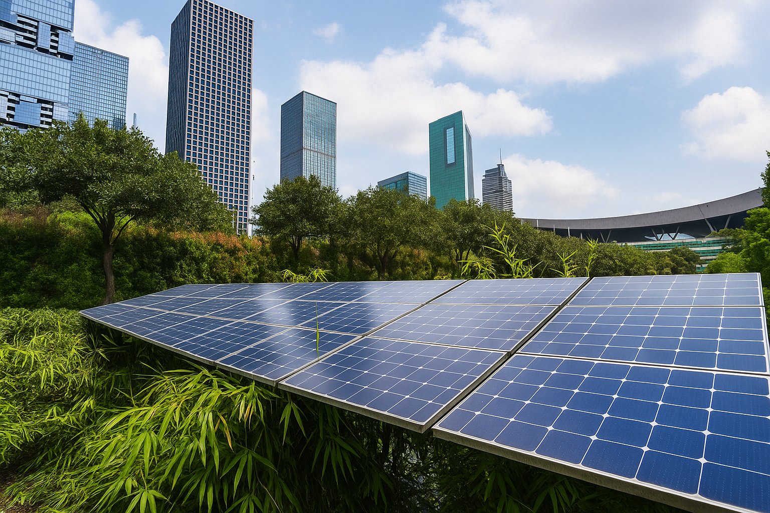 Painéis solares em meio à vegetação urbana com prédios modernos ao fundo sob céu parcialmente nublado durante o dia.