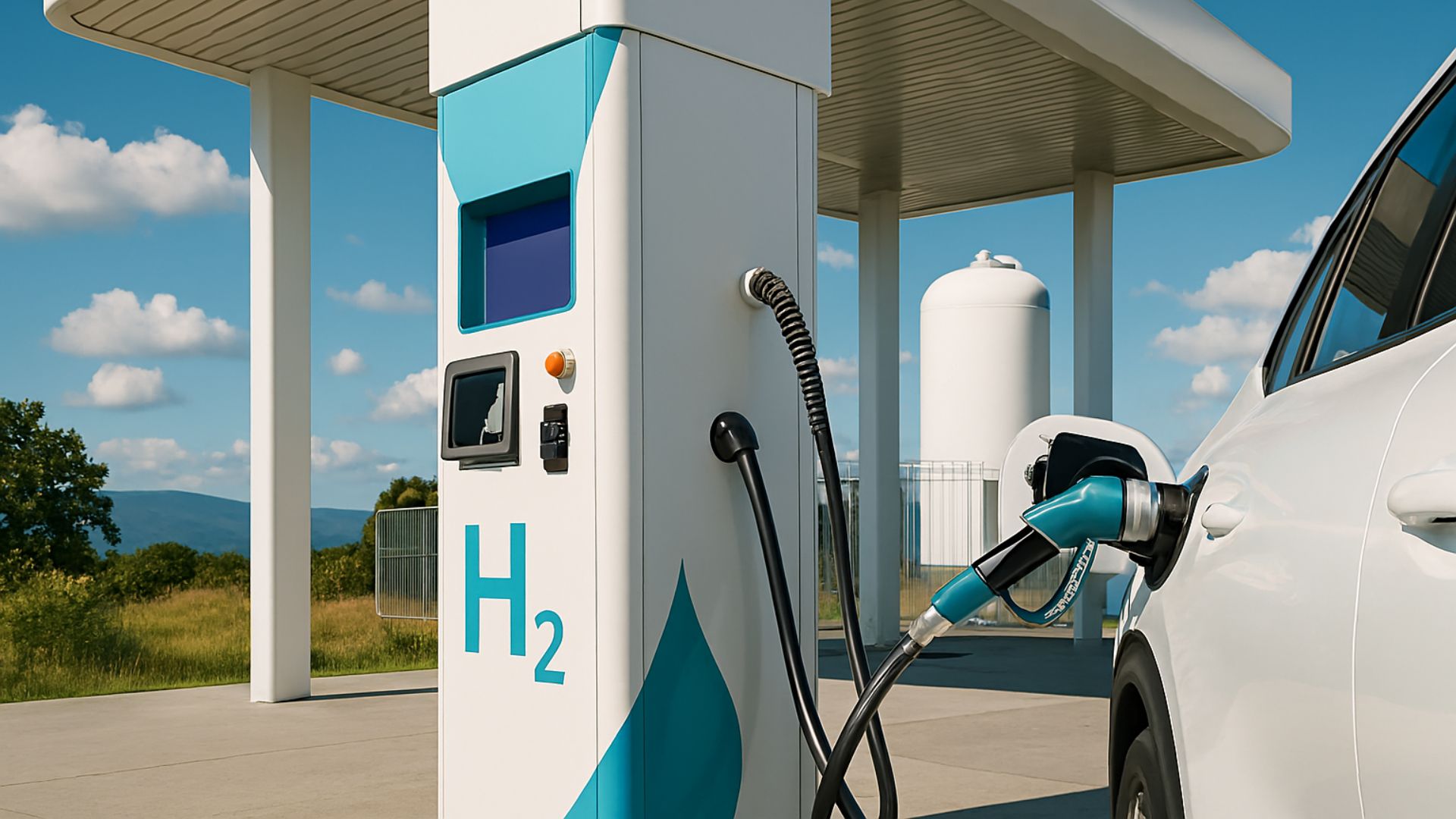 Posto de abastecimento de hidrogênio verde com dispenser moderno conectado a veículo branco, sob céu azul com nuvens.