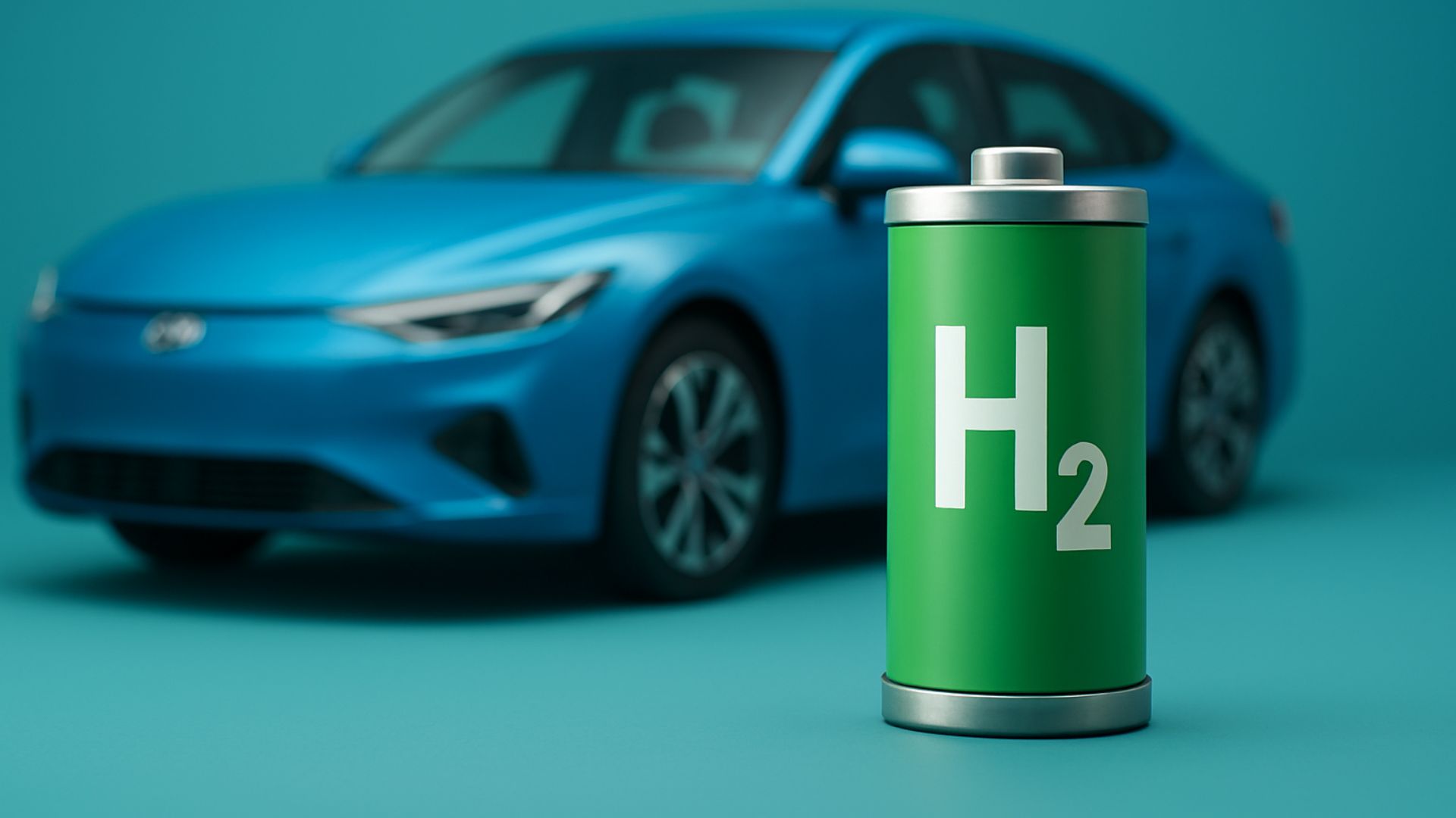 Imagem de um carro azul movido a hidrogênio em estúdio com fundo sólido, acompanhado de uma bateria verde com o símbolo H₂ em destaque.