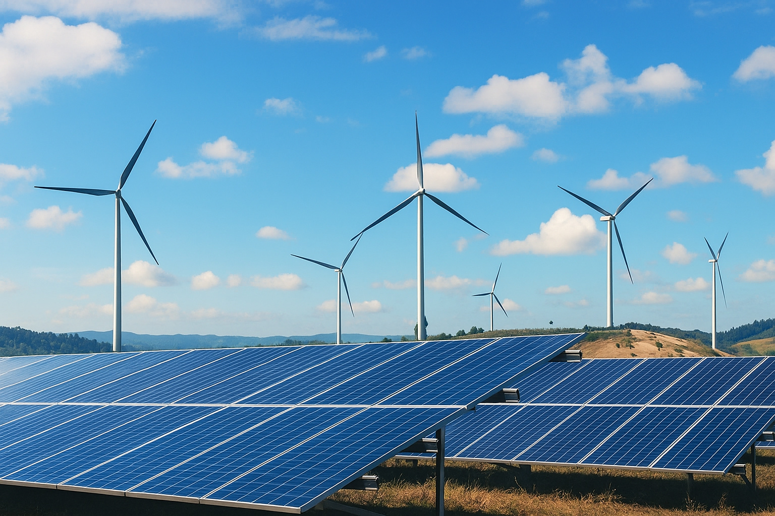 Painéis solares e turbinas eólicas sob um céu azul com algumas nuvens.