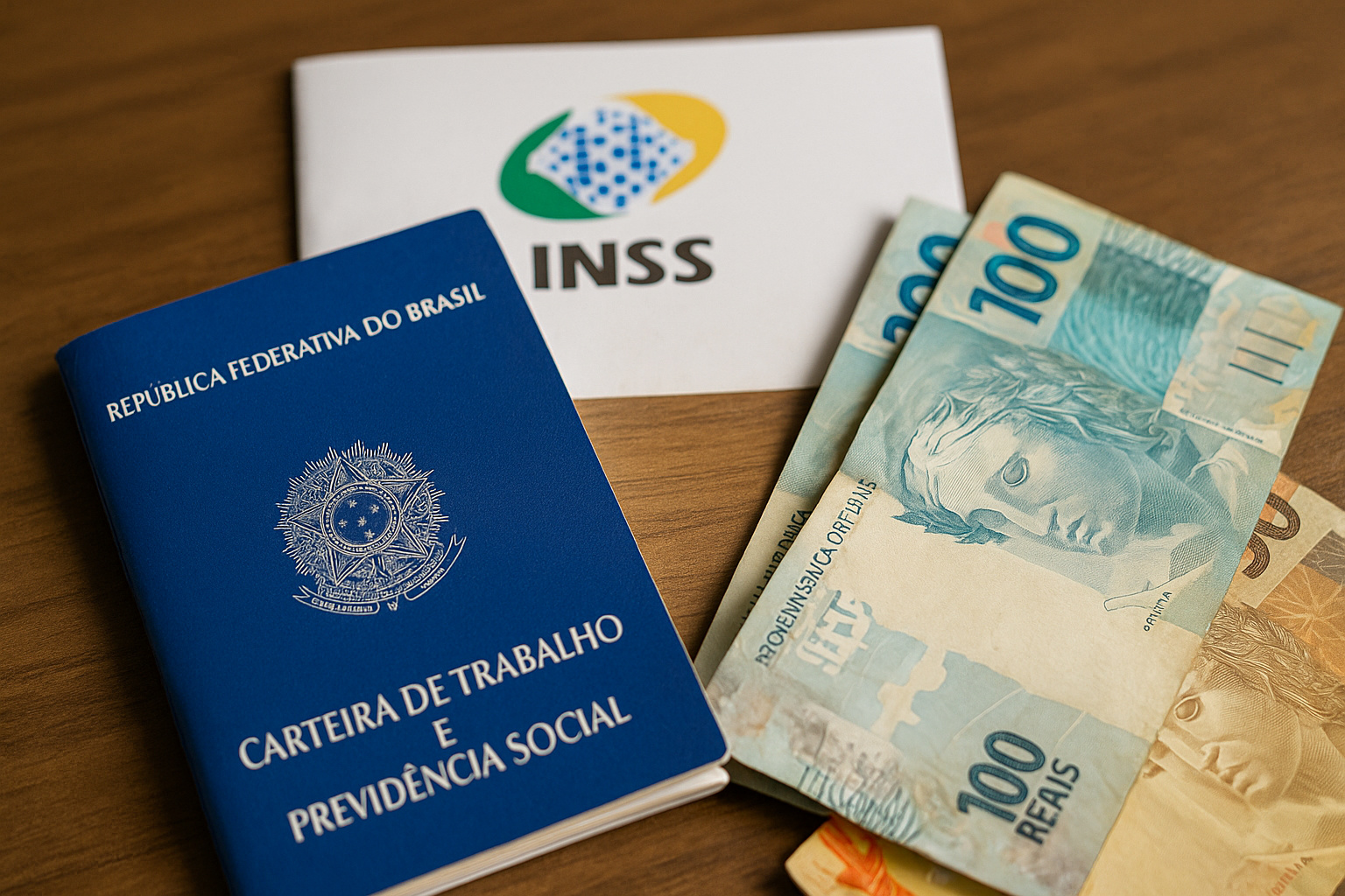 Documentos do INSS e notas de real sobre mesa, representando ressarcimento e devolução de valores a segurados.