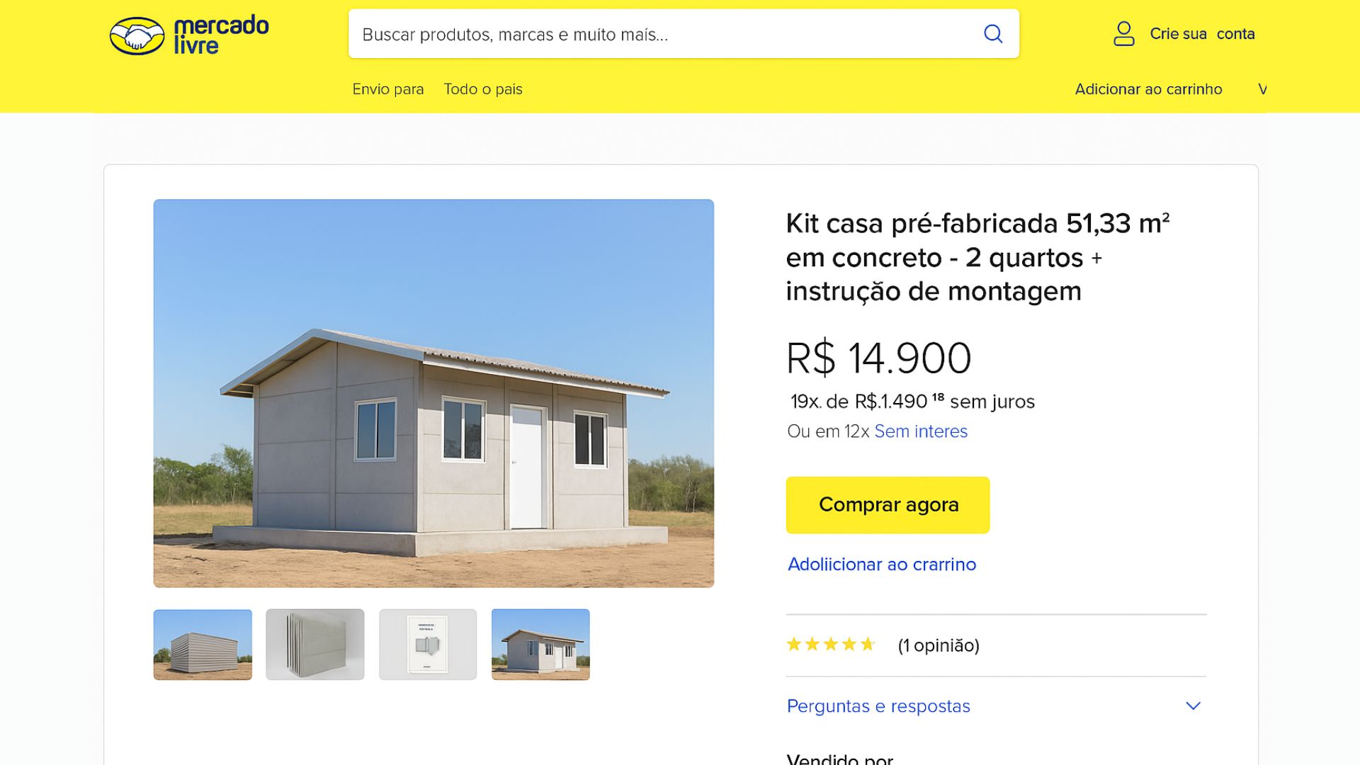 Kit de casa pré-fabricada de 51 m² por R$ 14,9 mil no Mercado Livre atrai quem busca moradia acessível e estrutura em concreto.
