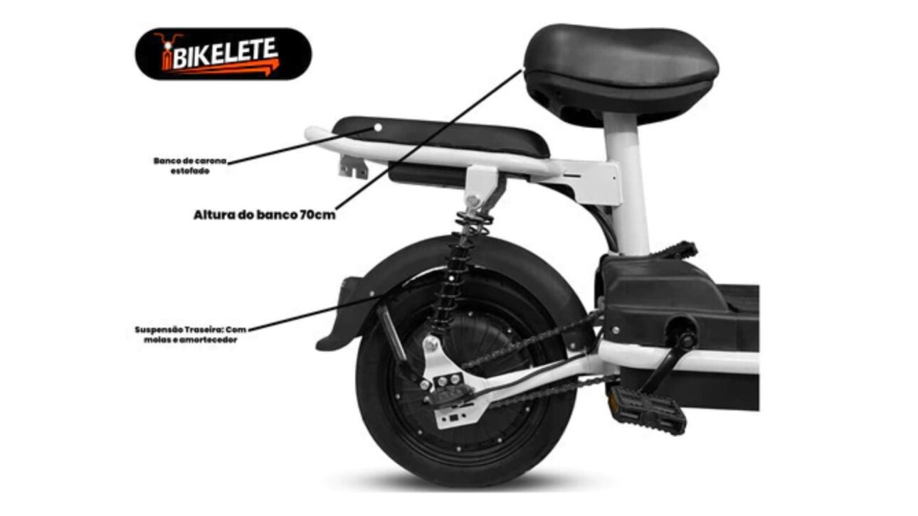 Scooter eléctrica Bikelete 350W rueda hasta 25 km, carga en toma común, no exige CNH y cuesta menos de R$ 4 mil.