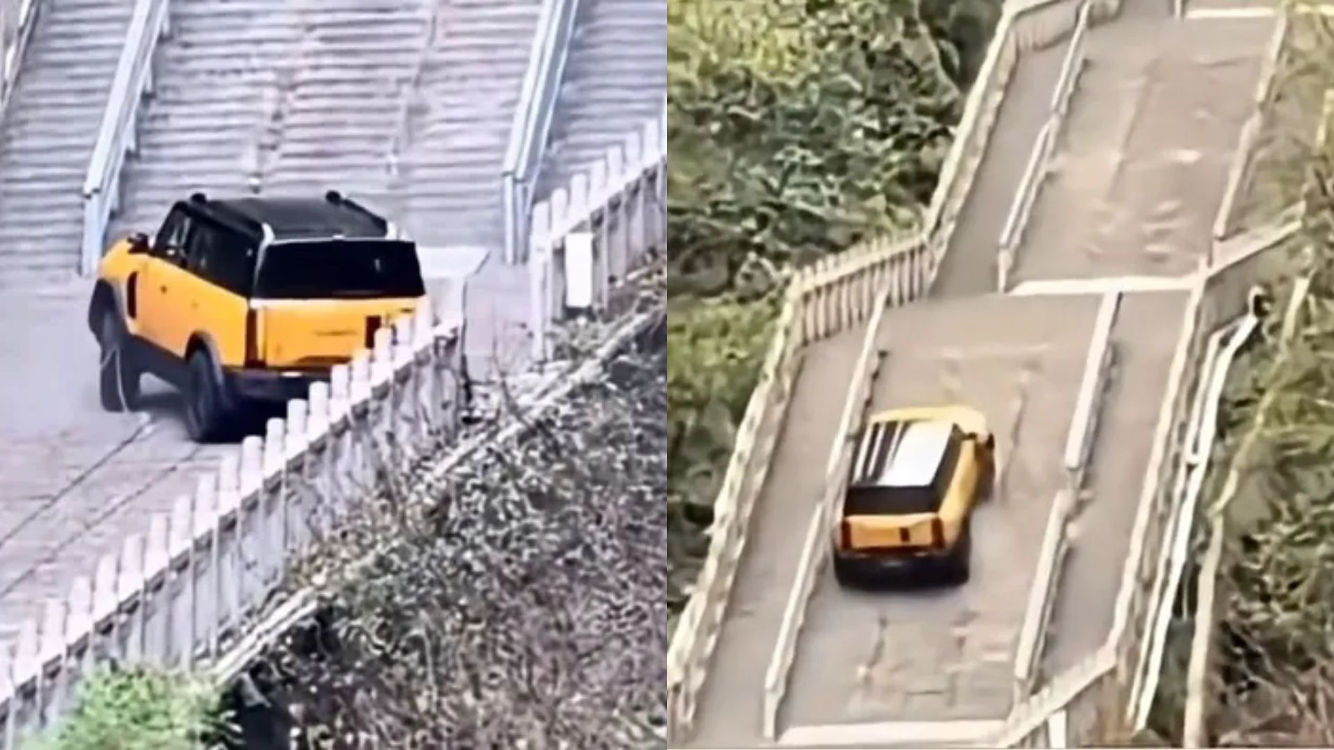 SUV híbrido da Chery tenta subir escadaria histórica na China, perde tração nos 999 degraus da Montanha Tianmen e danifica estrutura turística.