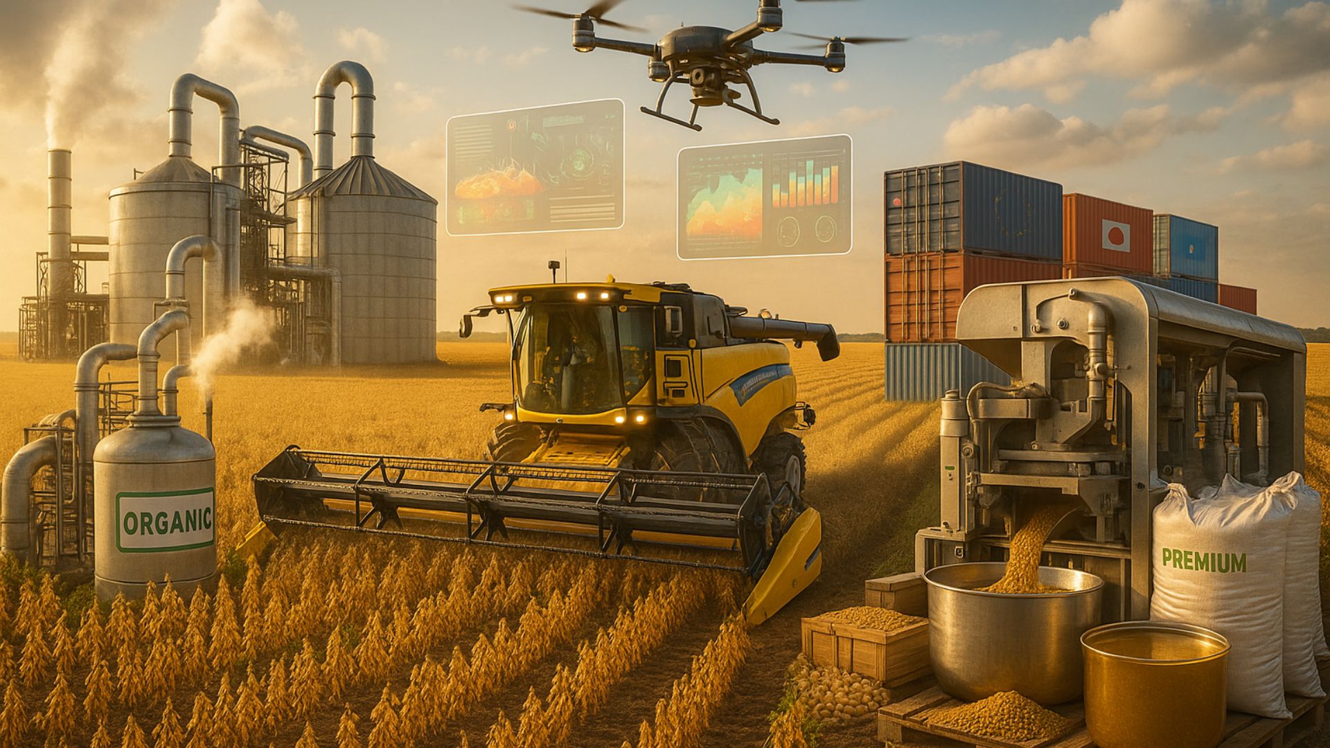 Soja orgânica no Cerrado investe em drones, máquinas automatizadas e rastreabilidade digital para exportações premium.