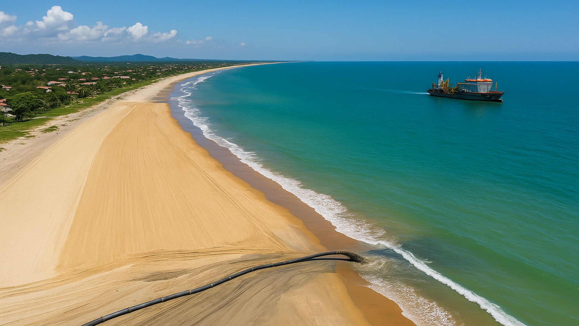Alargamento de 7,5 km da praia de Itapoá usa 6 milhões de m³ de areia da dragagem da Babitonga e muda orla enquanto portos ampliam operação.