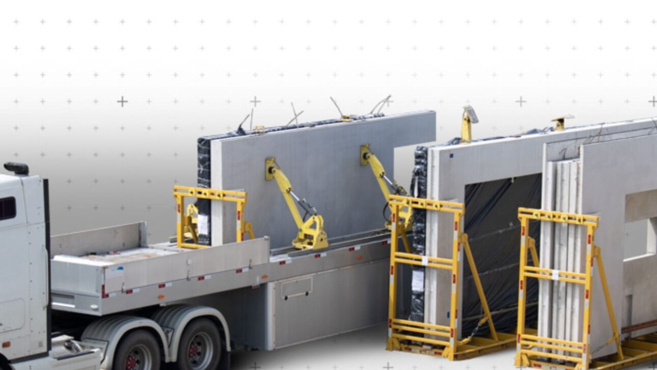 Camión descargando módulos de concreto para montaje de casa prefabricada, mostrando agilidad de la construcción modular. (Imagen: stock-photo)