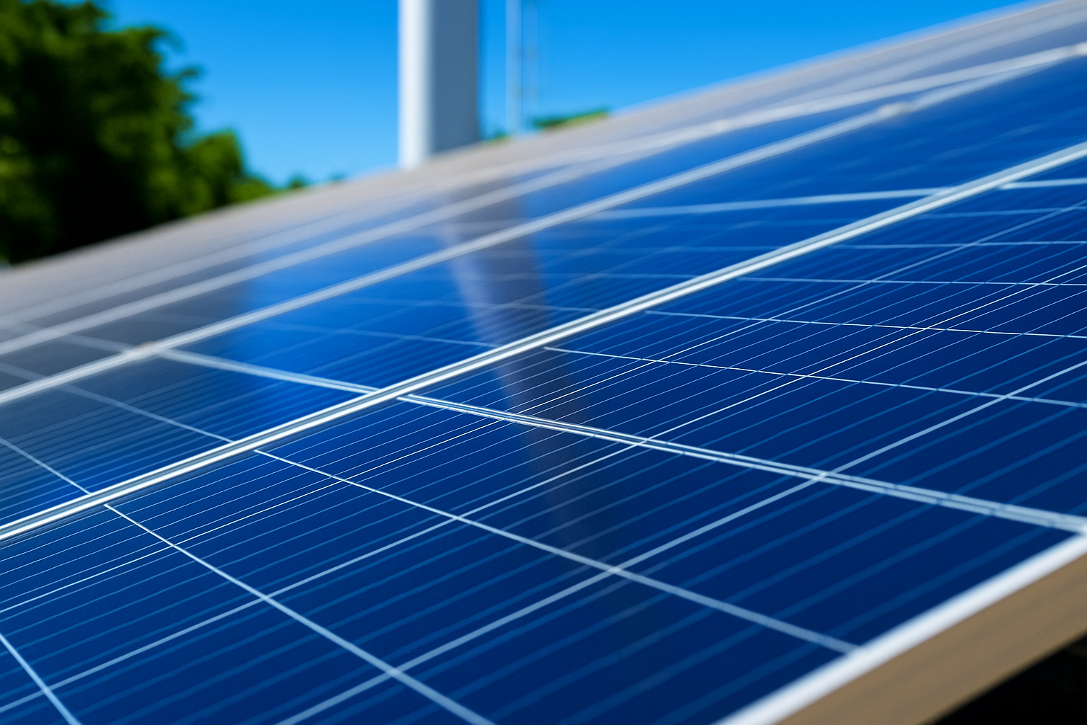Close-up de painéis solares ao meio-dia com forte incidência de luz, destacando o brilho das células fotovoltaicas e um fundo desfocado com céu azul.