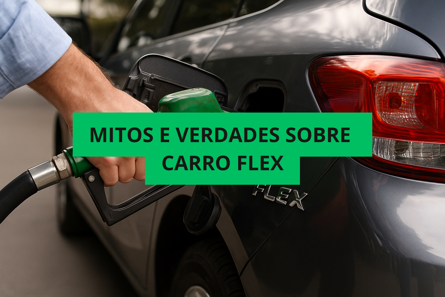 Mão de um motorista abastecendo um carro flex moderno com etanol em um posto de combustível, simbolizando os mitos e verdades sobre o uso de veículos bicombustíveis.