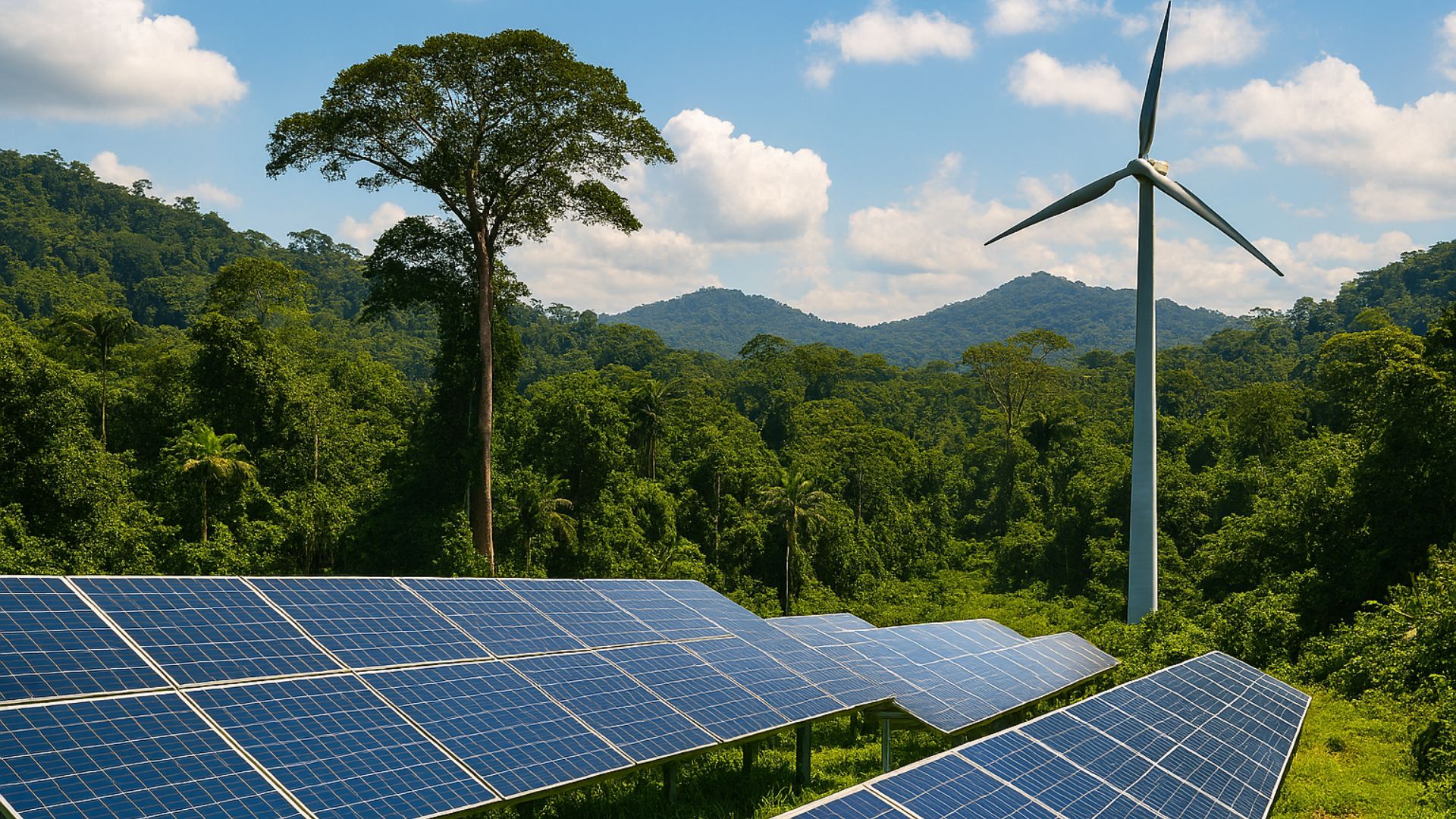 Instalação de energia solar e eólica em meio à floresta amazônica, com vegetação densa e céu azul