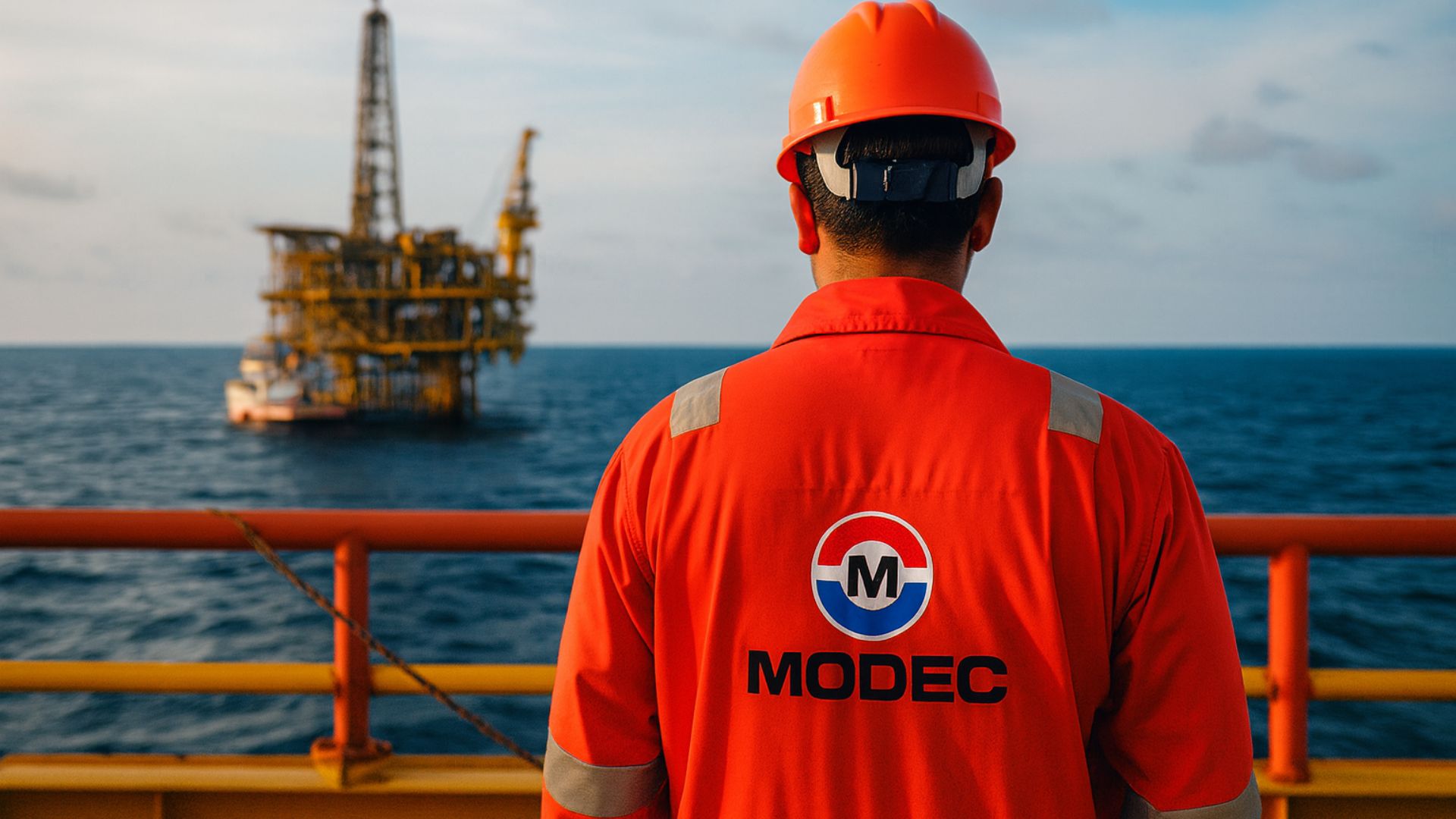 Trabalhador offshore da MODEC, de costas, observando uma plataforma de petróleo no mar durante o pôr do sol