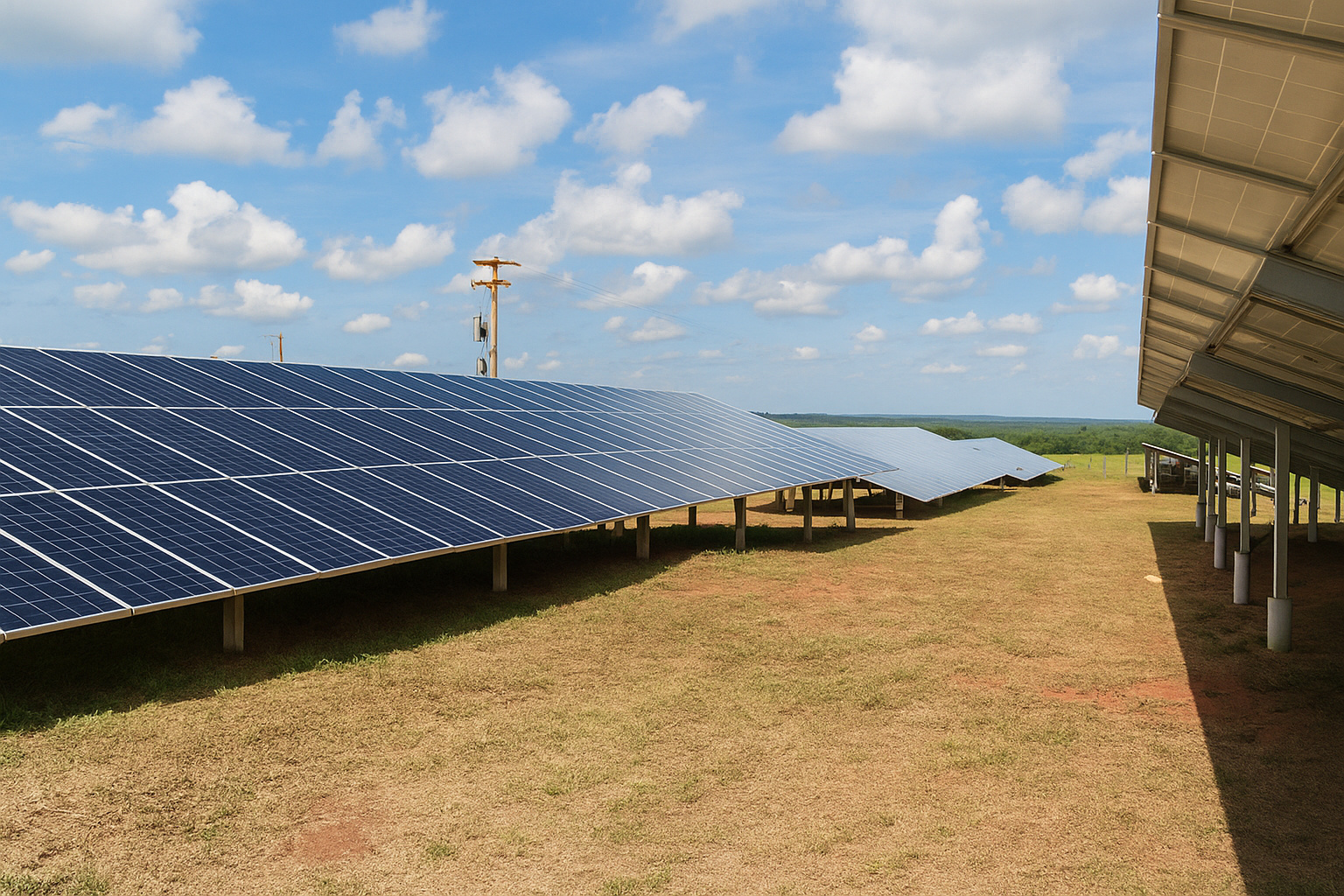 Painéis solares instalados em campo aberto sob um céu parcialmente nublado, com nuvens leves e espaçadas.