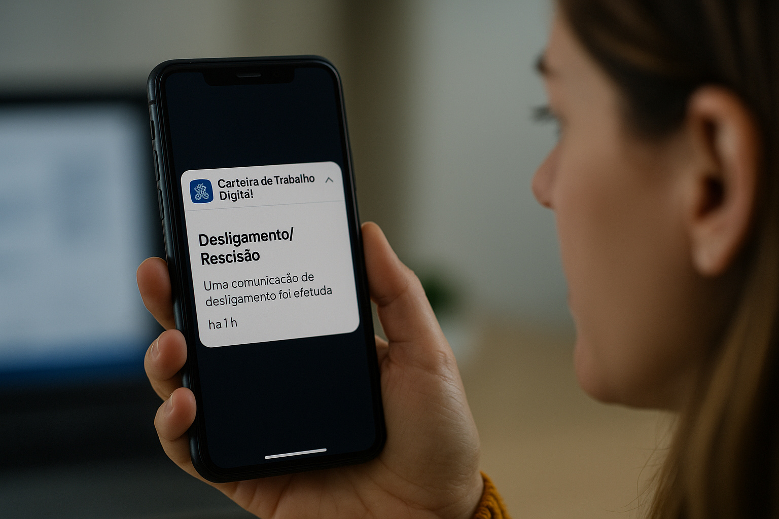 Mulher segurando smartphone com notificação de desligamento no aplicativo Carteira de Trabalho Digital