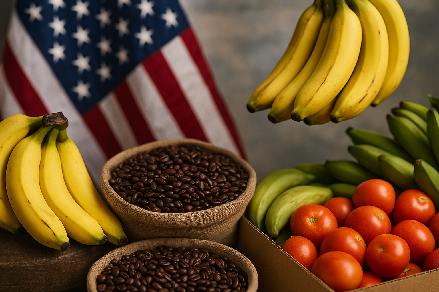 Café em grãos e cachos de bananas diante da bandeira dos Estados Unidos, representando a retirada de tarifas para alimentos importados.