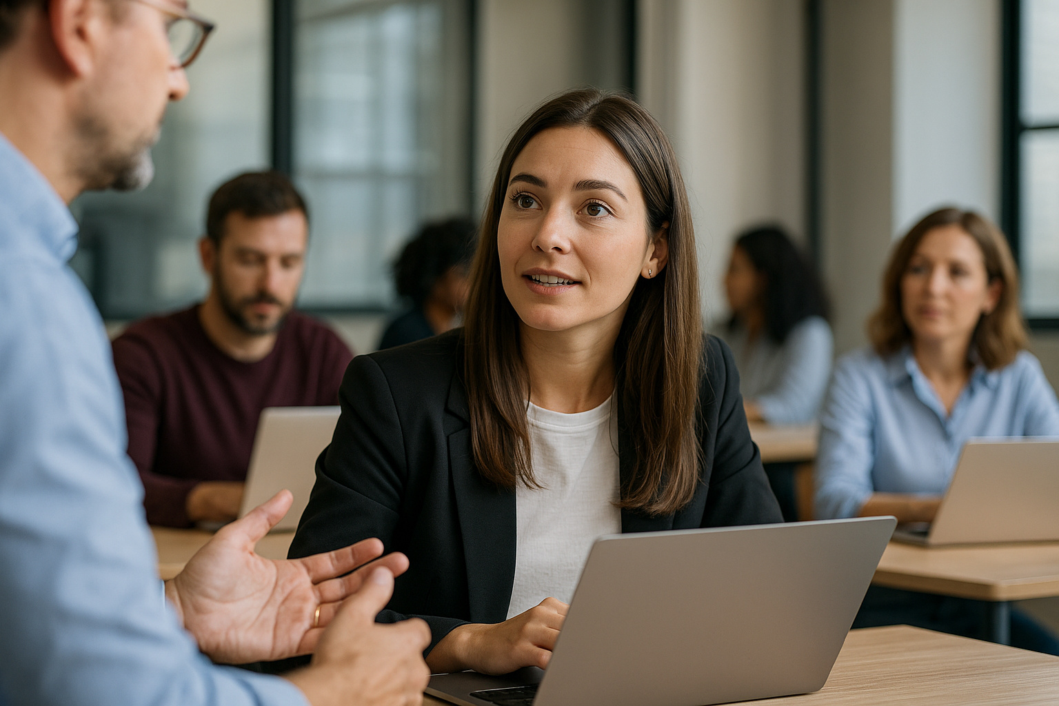 Colaboradores do Nubank reunidos em um escritório moderno durante encontro presencial, representando o novo modelo híbrido previsto para 2026.