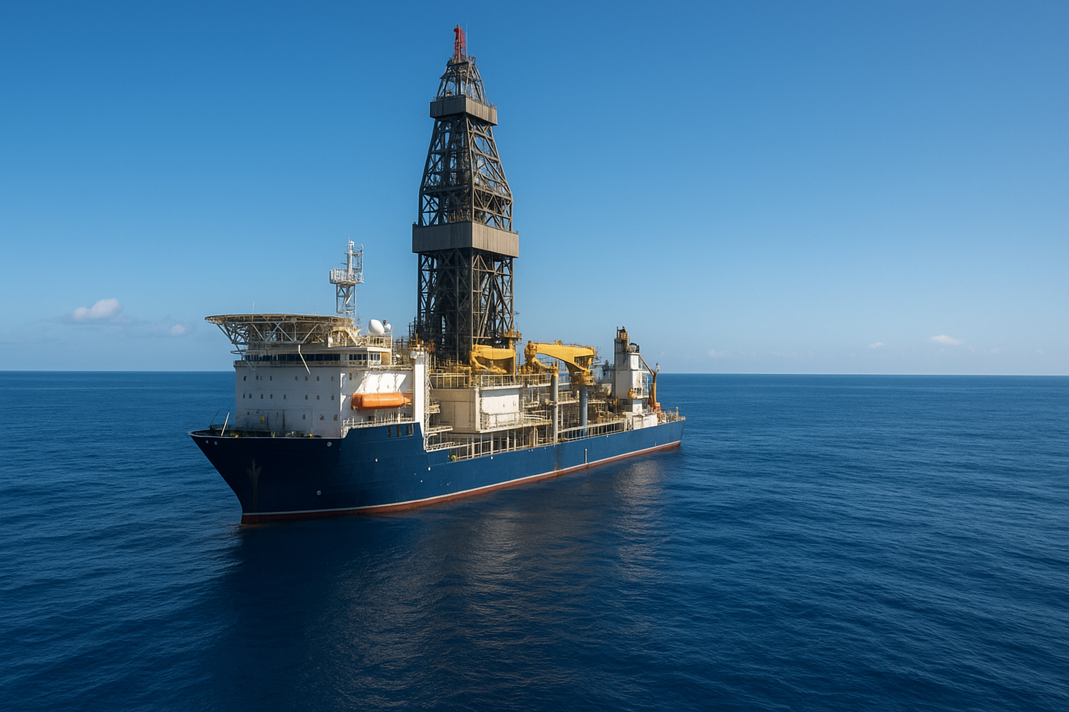 Navio-sonda de R$ 3 bilhões mantém posição com precisão centimétrica em alto-mar: tecnologia DP3 usa até 18 propulsores automáticos para enfrentar ondas gigantes, ventos de 30 nós e perfurar poços a 3 mil metros de profundidade