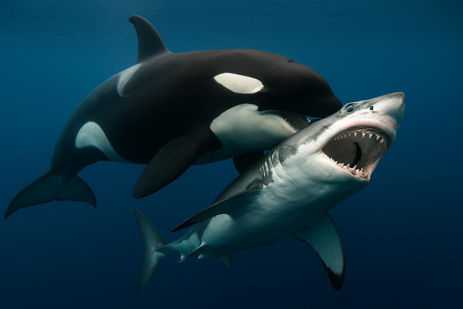 Orca em ataque a um tubarão-branco no Golfo da Califórnia, representando a técnica registrada por cientistas para extrair órgãos nutritivos.