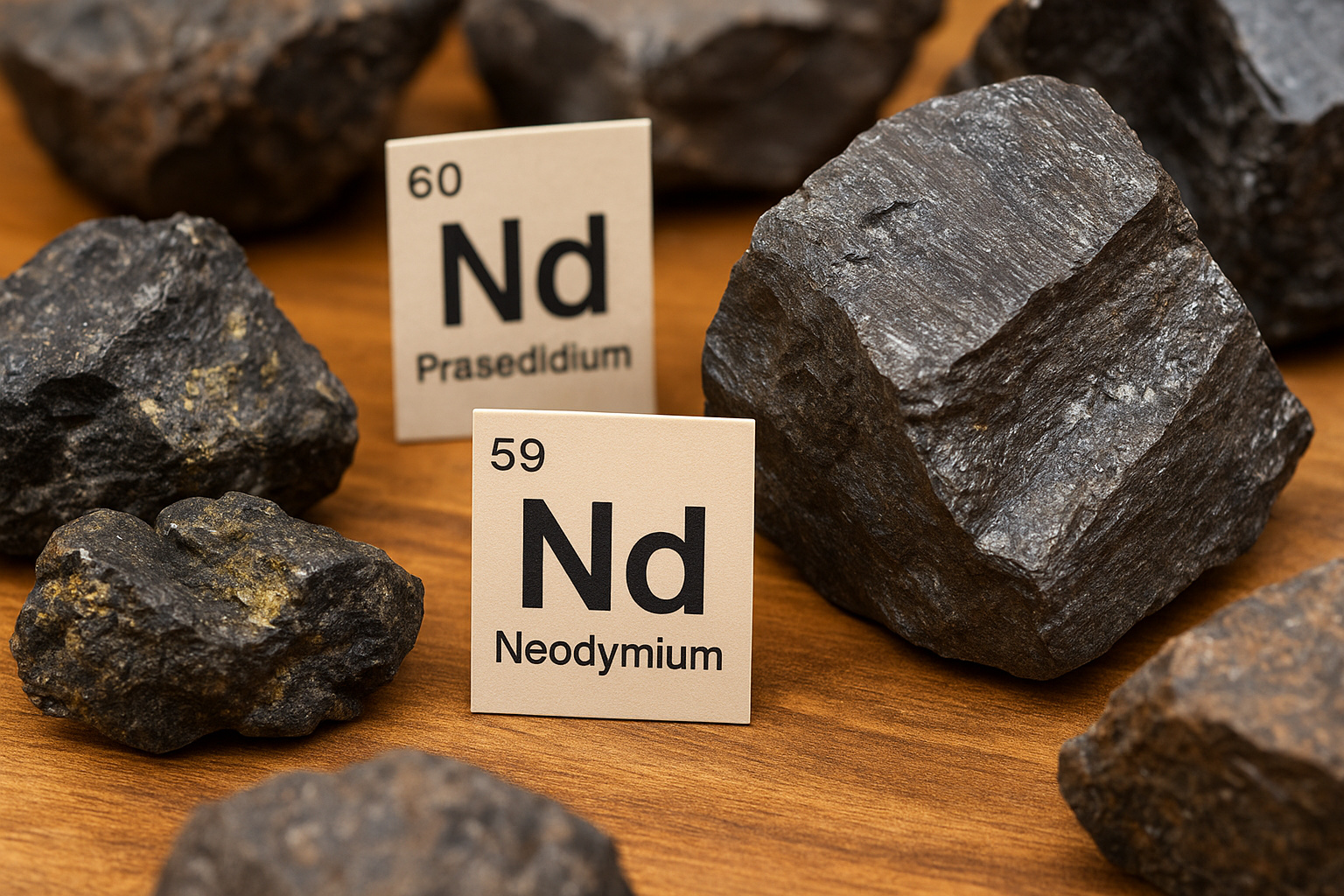 Amostras de minerais de terras-raras, como neodímio e praseodímio, em rochas escuras sobre mesa de madeira, representando reservas brasileiras em análise.