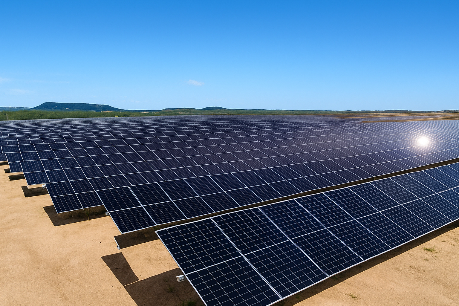 Painéis solares instalados em uma área aberta sob um céu azul limpo, com montanhas ao fundo.