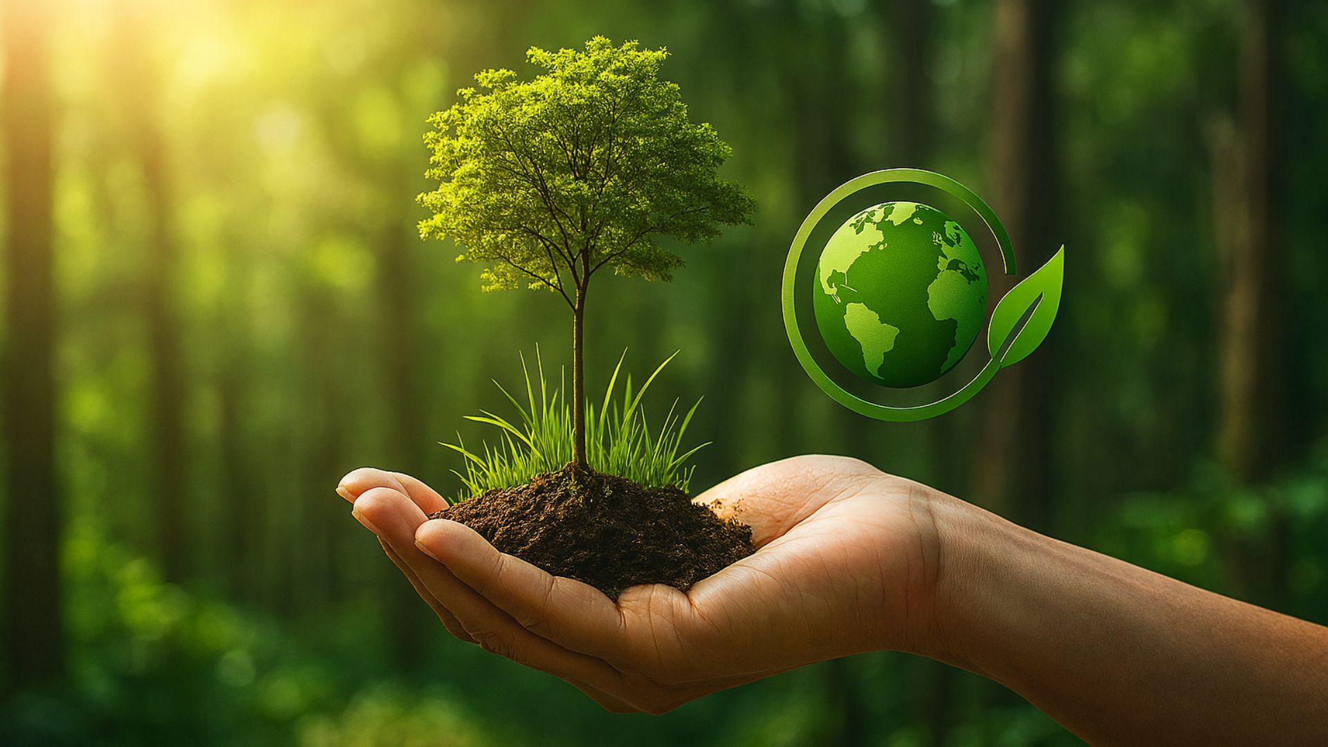 Mão segurando uma árvore jovem com solo fértil em meio à floresta amazônica iluminada pelo sol, representando sustentabilidade e reflorestamento.