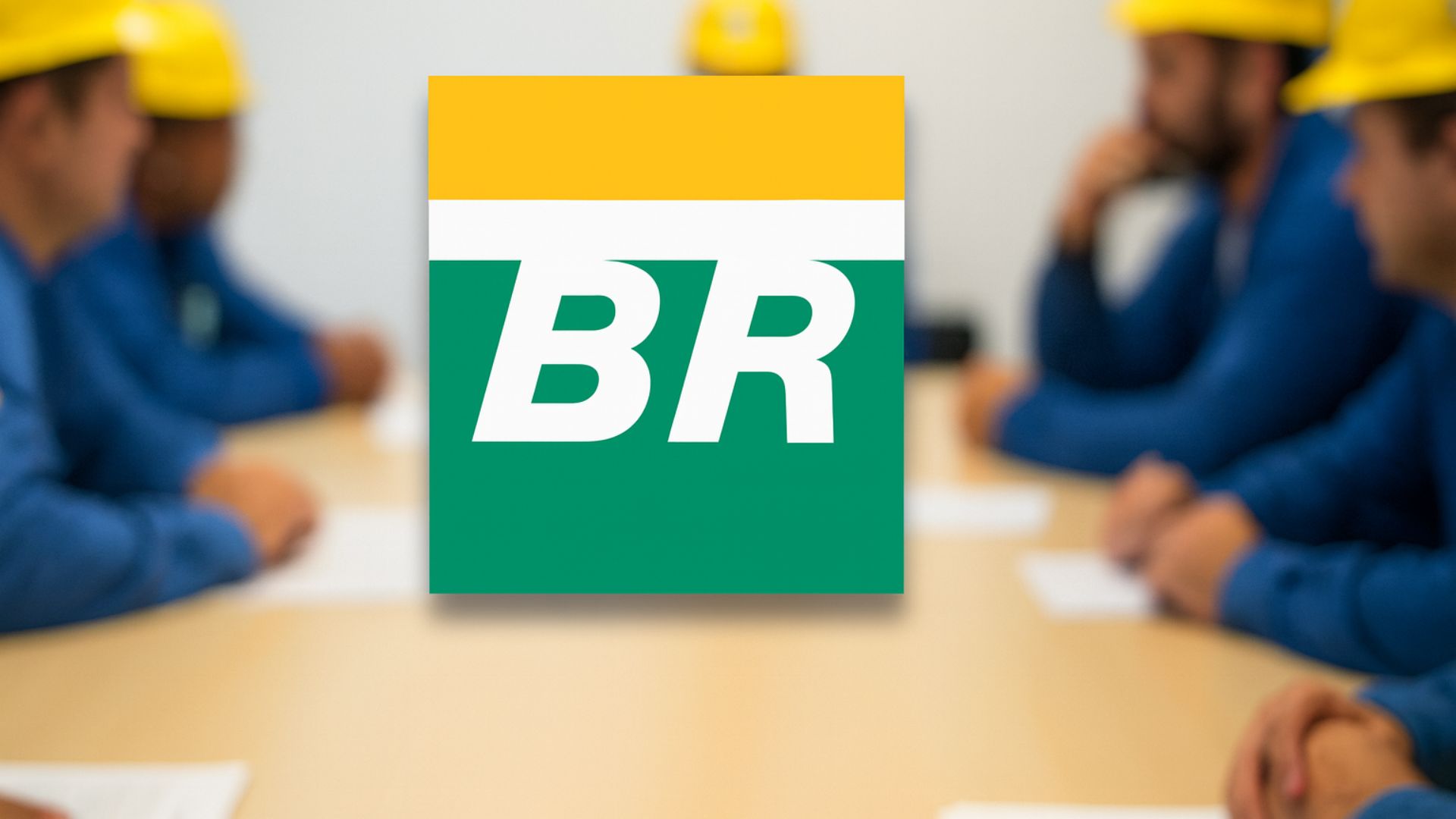 Grupo de petroleiros reunidos em uma sala de reunião corporativa, com foco levemente desfocado. No centro da imagem, em primeiro plano, o logotipo da Petrobras sobreposto