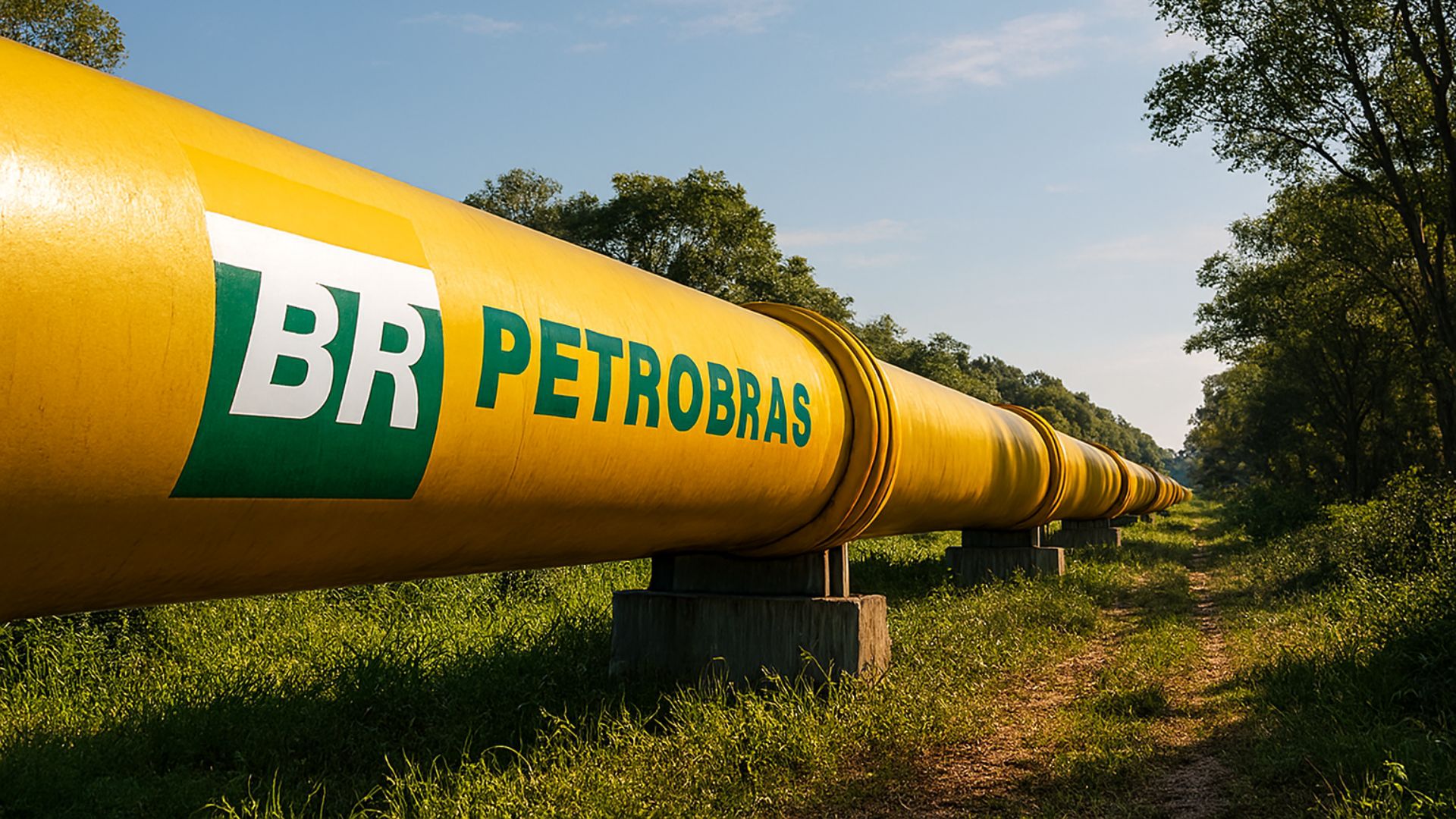 Gasoduto amarelo da Petrobras em área verde, representando infraestrutura de transporte de gás natural no Brasil