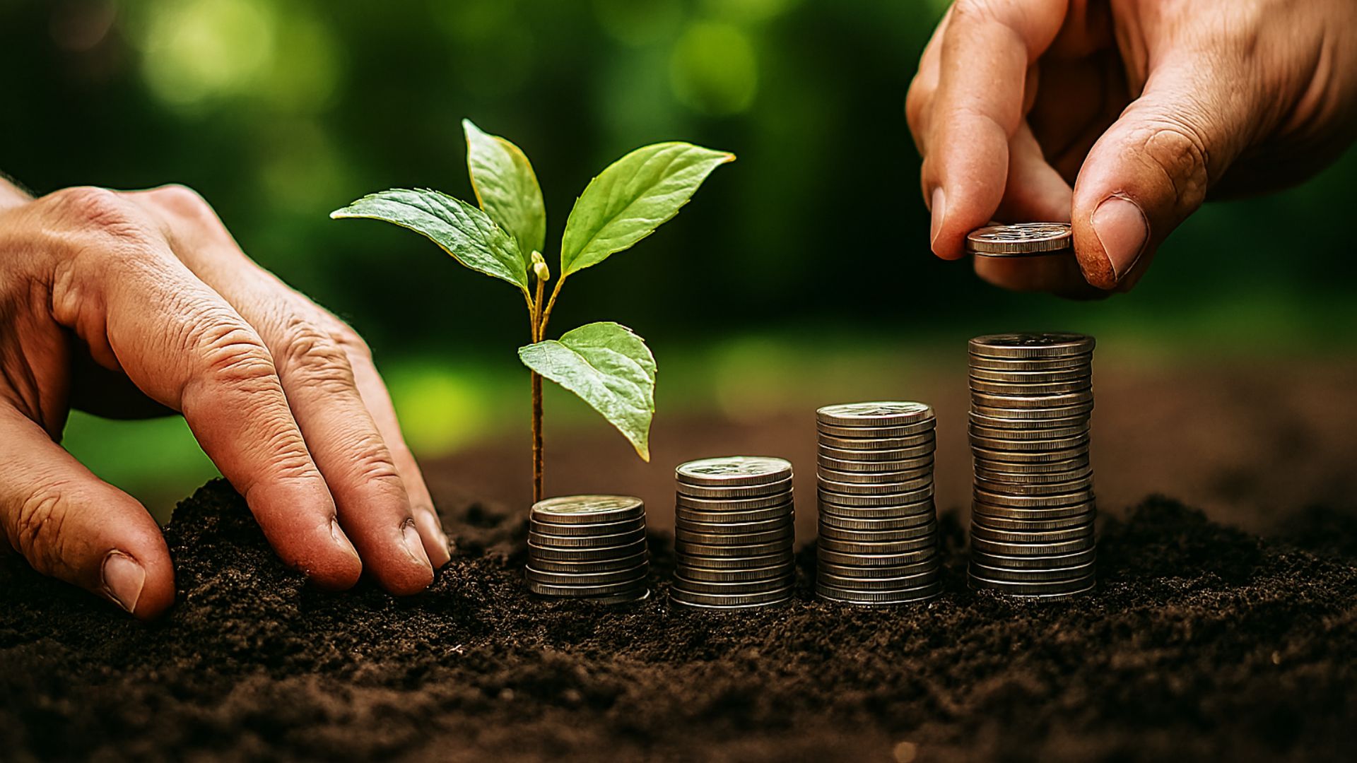 Mãos humanas plantando uma muda ao lado de pilhas de moedas sobre solo fértil, simbolizando investimento em sustentabilidade.