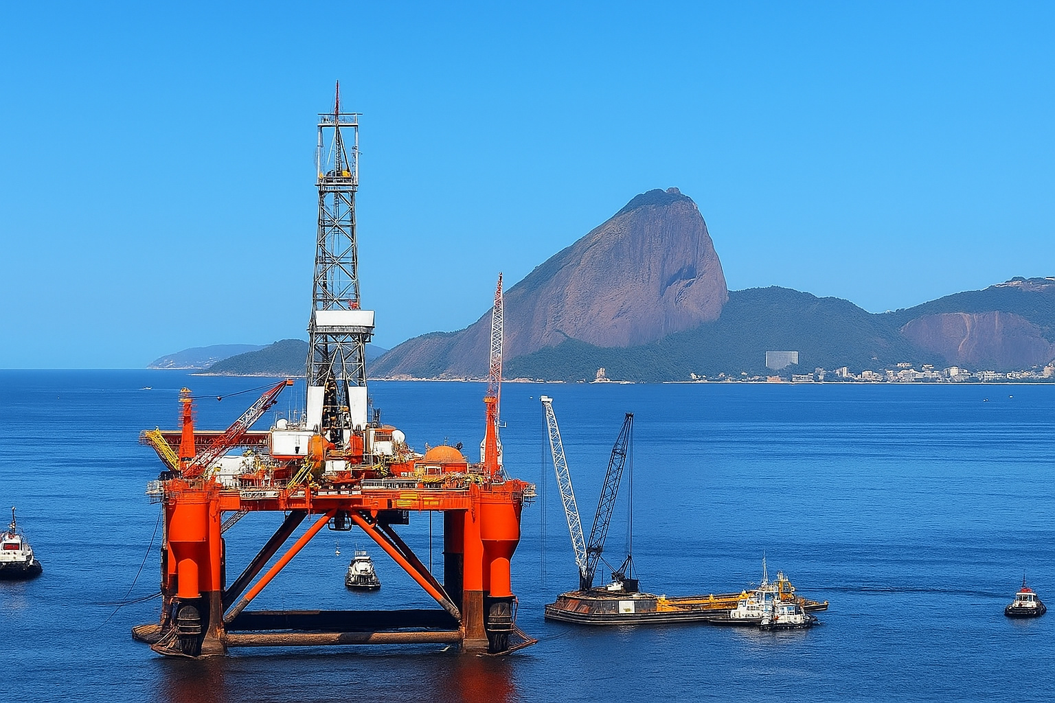 Plataforma de extração de petróleo em operação durante o meio-dia, cercada por embarcações de apoio no oceano.