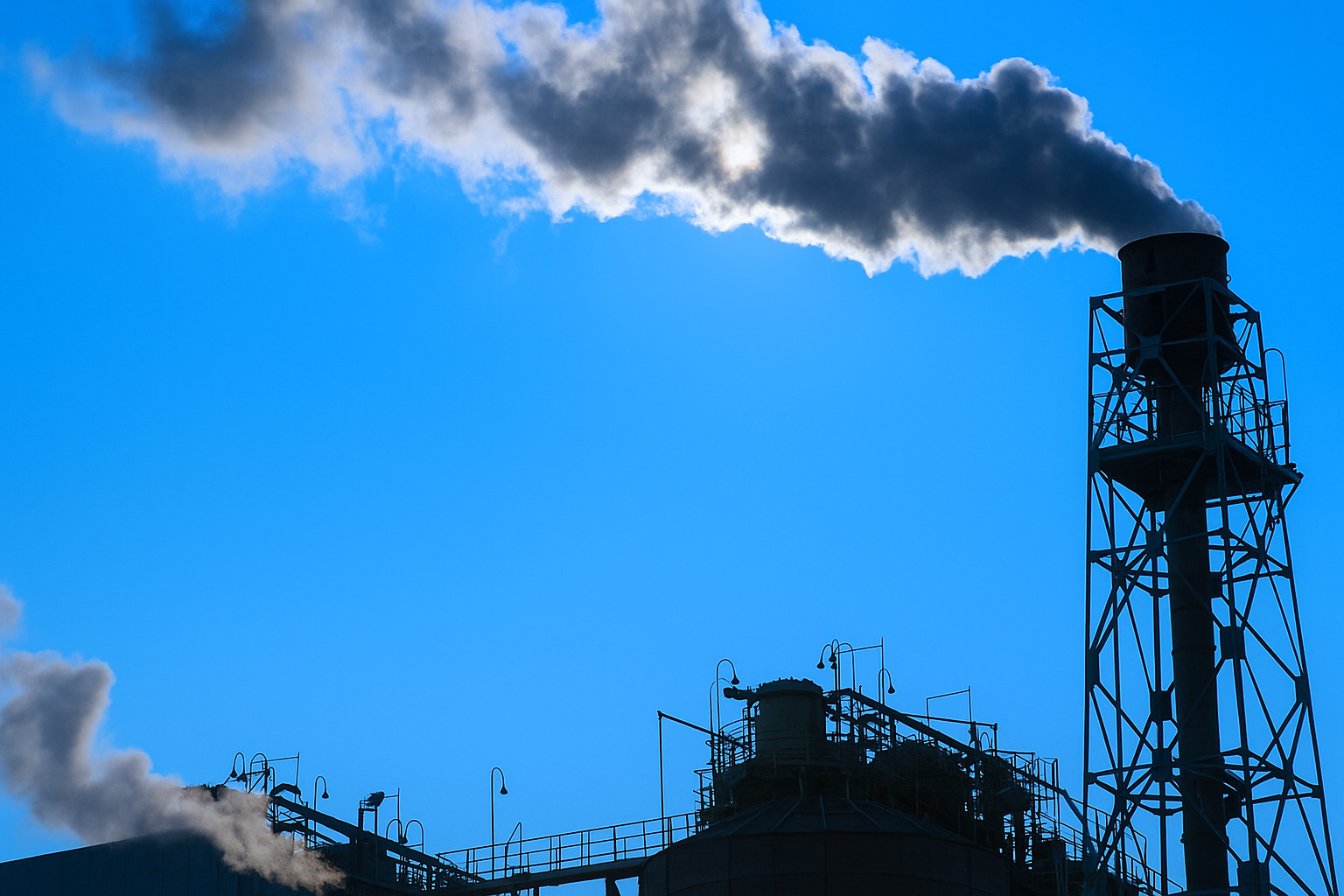 Indústria com chaminés emitindo fumaça durante o meio-dia sob céu claro.