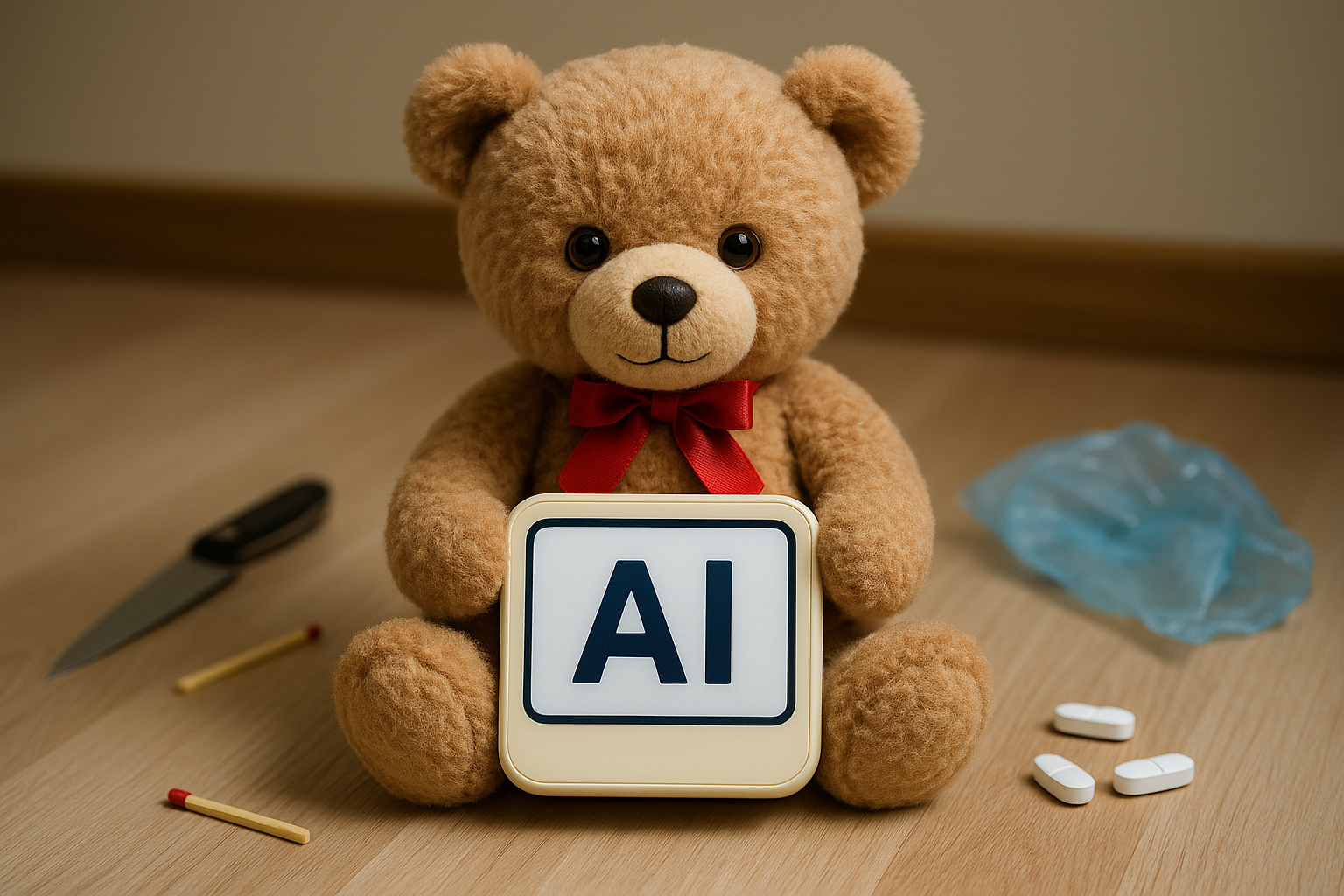 Ursinho de pelúcia com IA segurando um dispositivo eletrônico, cercado por objetos perigosos como faca, fósforos, comprimidos e sacola plástica, representando riscos citados no relatório.