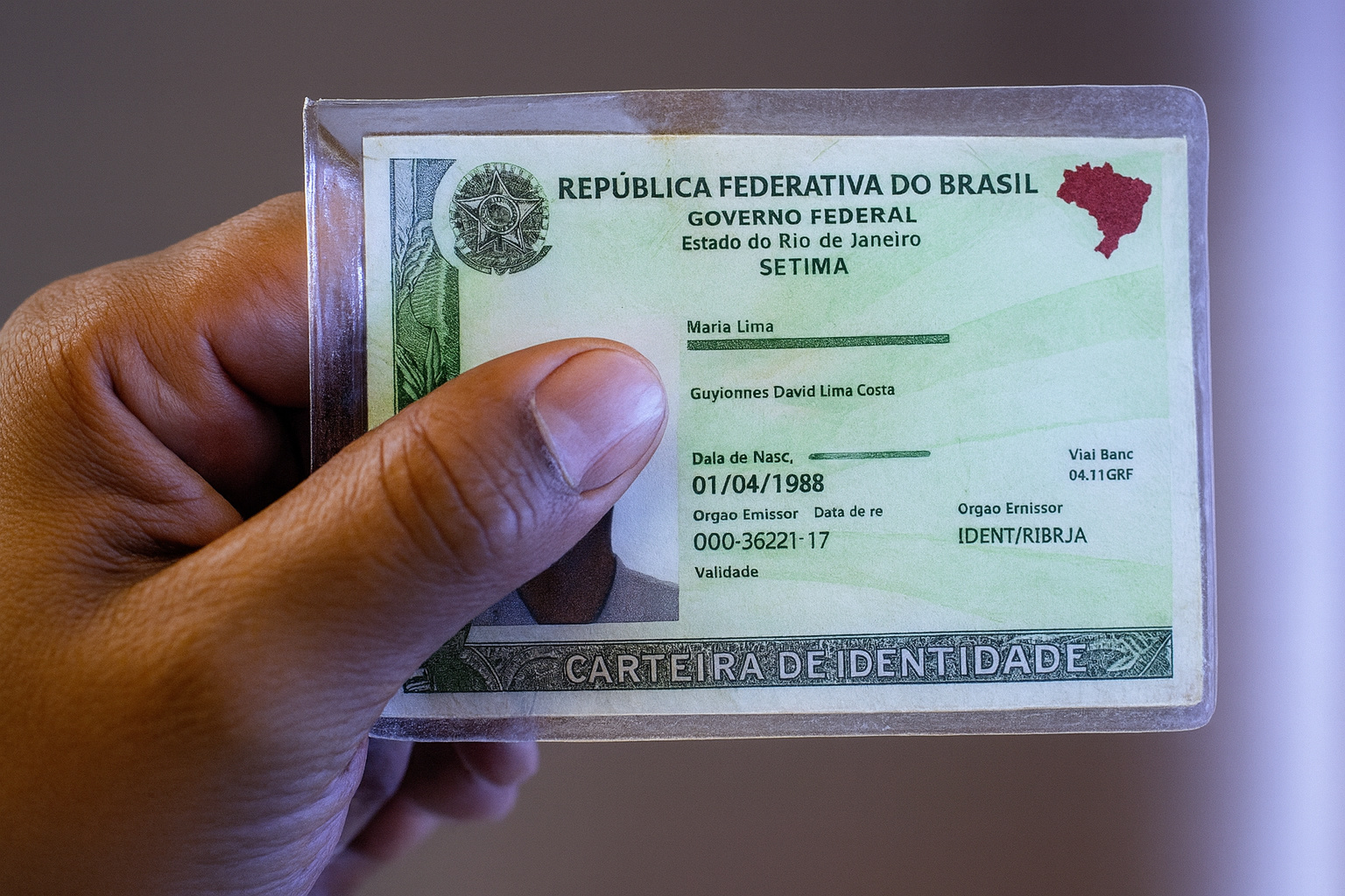 Pessoa segurando um RG antigo do Brasil, ilustrando o prazo de validade do documento antes da substituição pela nova Carteira de Identidade Nacional.