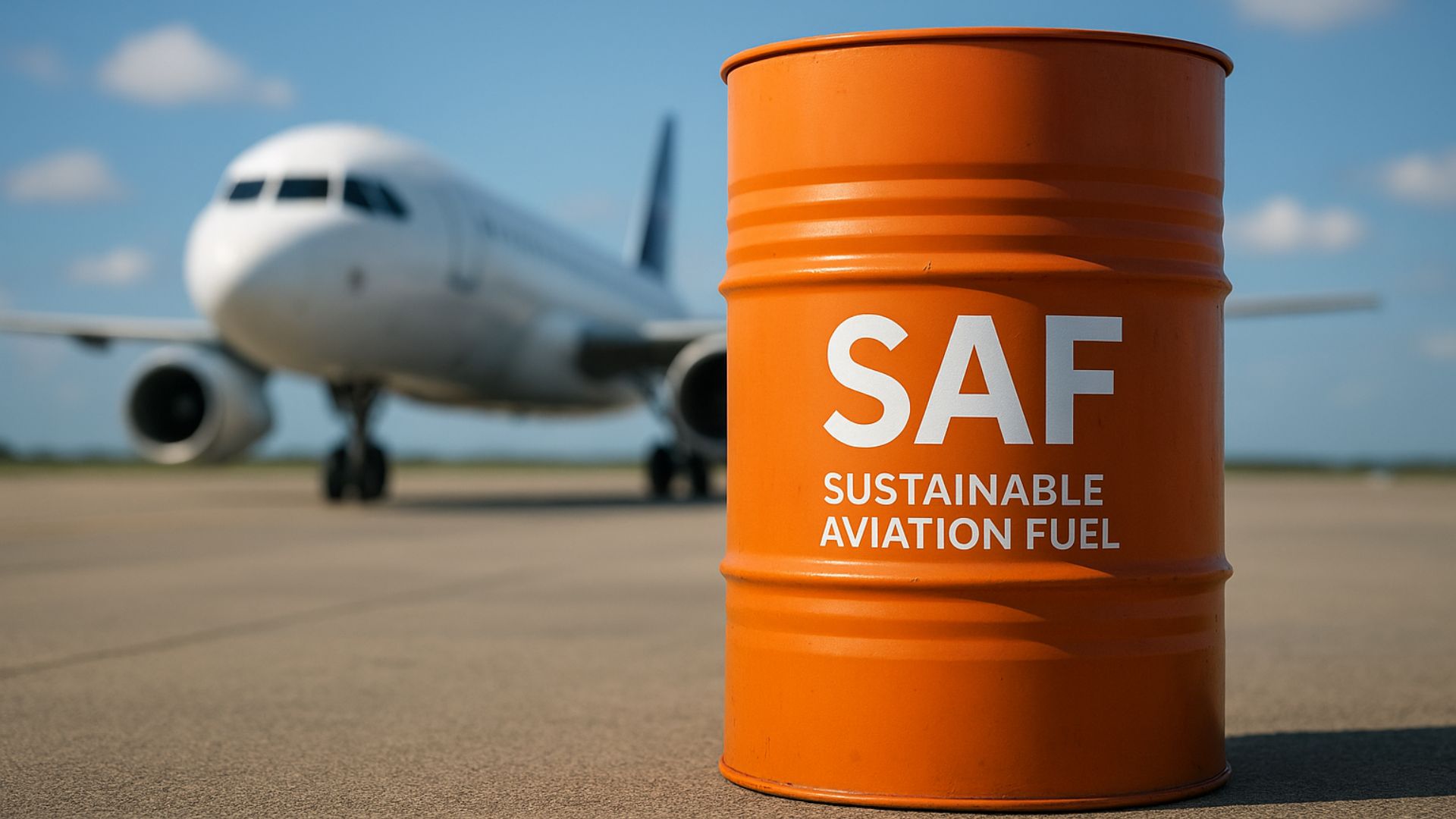 Barril laranja de combustível SAF em destaque na pista de um aeroporto, com avião desfocado ao fundo