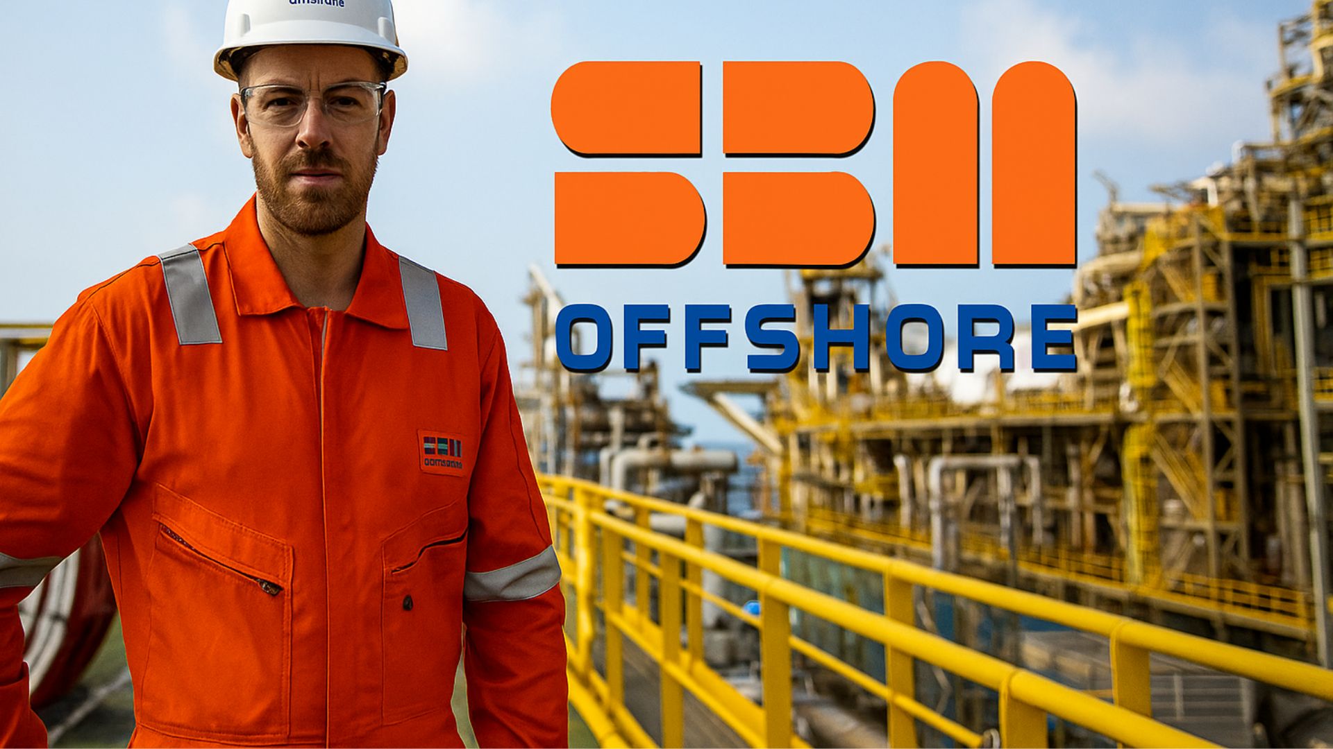 Trabalhador offshore em plataforma FPSO da SBM Offshore, vestindo uniforme de segurança laranja e capacete branco, com infraestrutura industrial ao fundo.