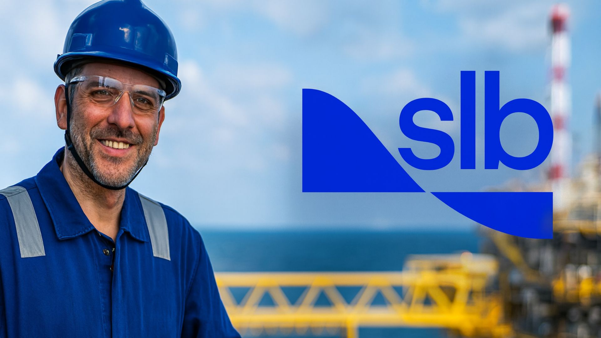Trabalhador offshore sorridente em plataforma de petróleo com logotipo da SLB ao fundo.