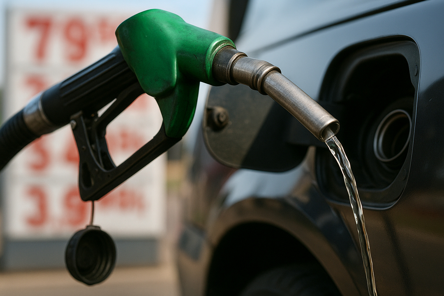 Bomba de combustível abastecendo veículo, representando o debate sobre créditos de PIS e Cofins no setor de combustíveis.