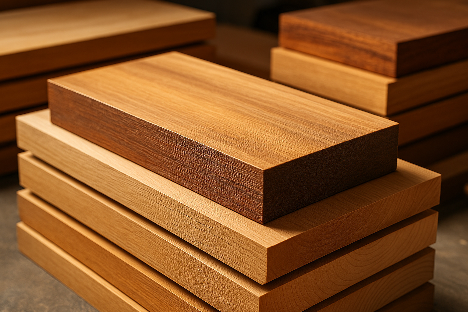 Placas de super madeira comprimida empilhadas, com textura realista e acabamento reforçado, ilustrando a resistência e leveza do material.