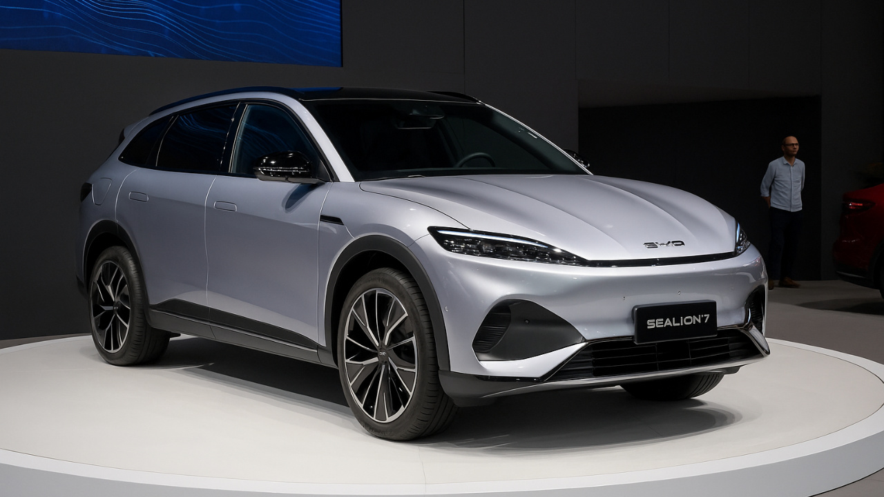 O BYD Sealion 7: SUV do Seal com até 530 cv é exibido no Salão de SP com interior premium, bateria Blade e carregamento rápido.