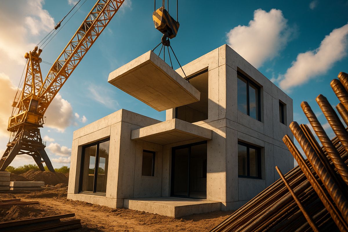 Casa modular de betão erguida em duas semanas usa concreto de alta resistência, peças PC pré-fabricadas, membros de PC otimizados e método PC para acelerar a obra com precisão.