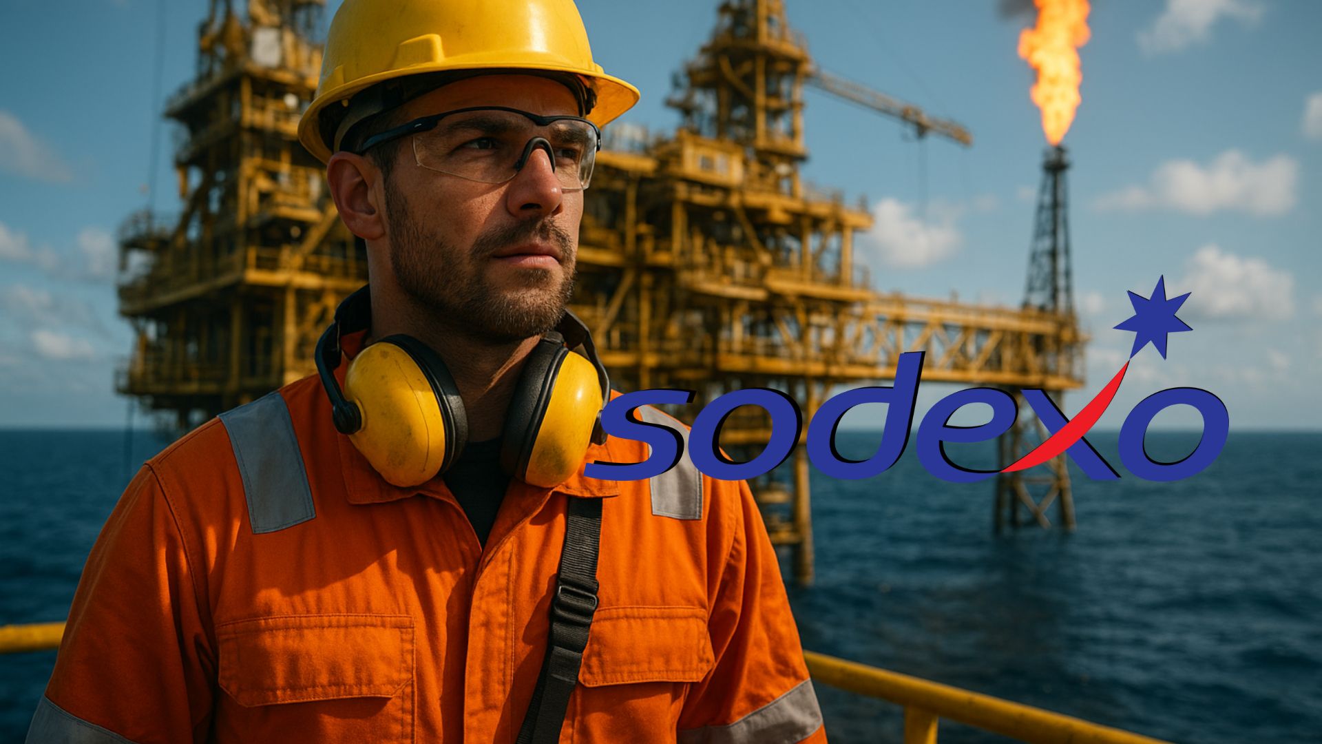 Trabalhador offshore com equipamentos de segurança em plataforma de petróleo, com o logotipo da Sodexo ao fundo