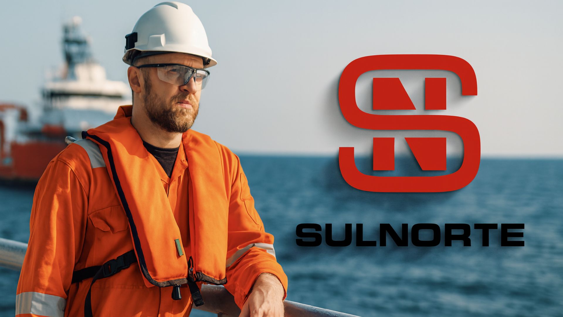 Profissional embarcado com uniforme de segurança laranja e capacete branco em plataforma marítima, com o mar ao fundo e logotipo da Sulnorte visível