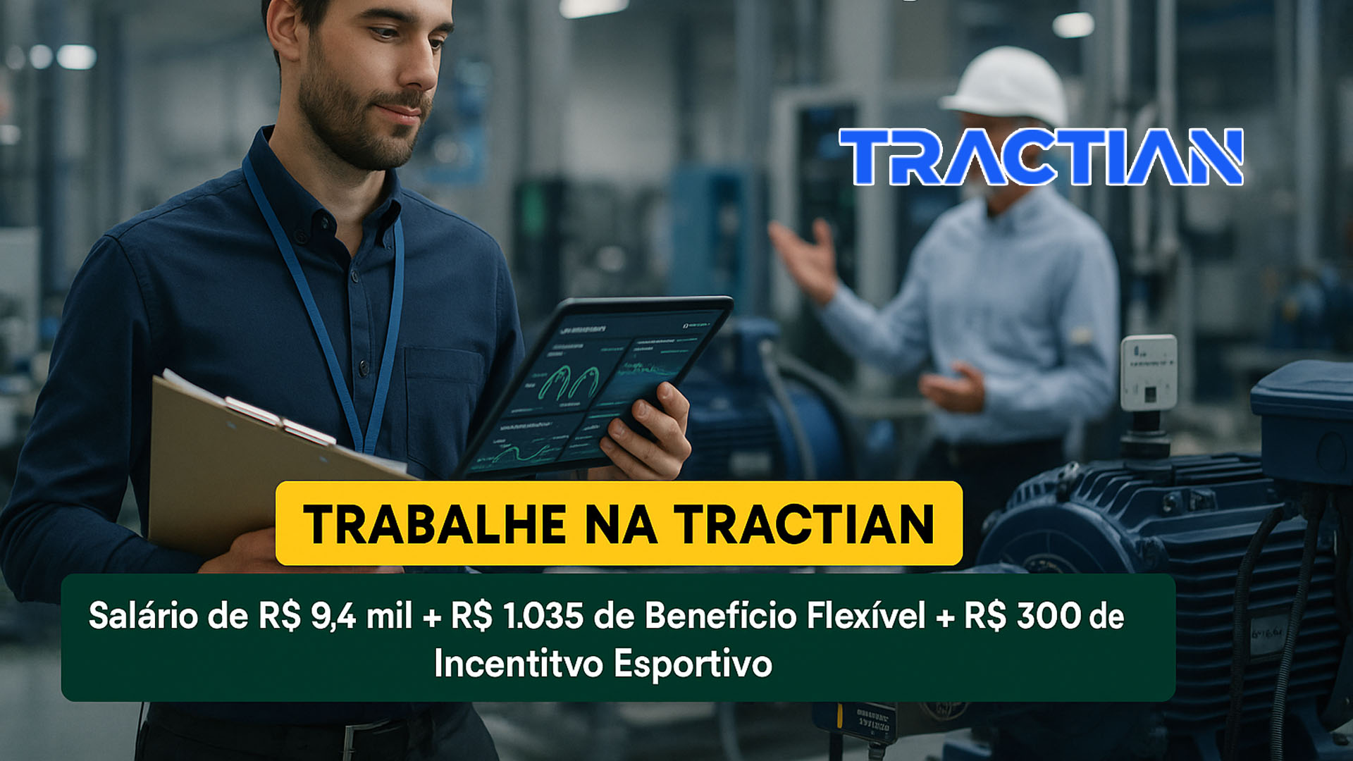 Trabalhe na Tractian com salário de R$ 9,4 mil + R$ 1.035 de benefício flexível + R$ 300 de incentivo esportivo em trilha acelerada para liderar vendas técnicas na indústria