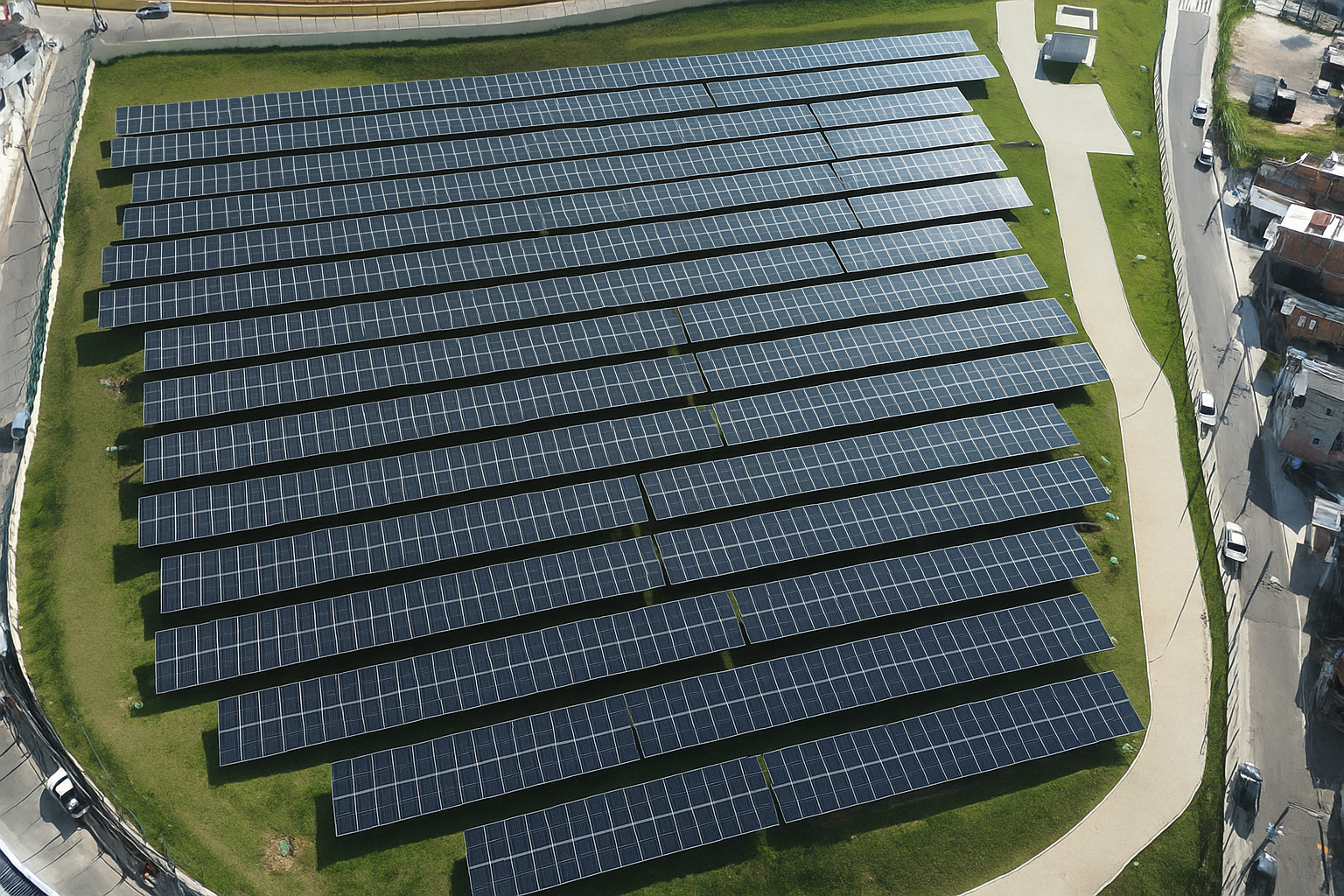 Vista aérea de um campo de painéis solares iluminado pela luz intensa do meio-dia.