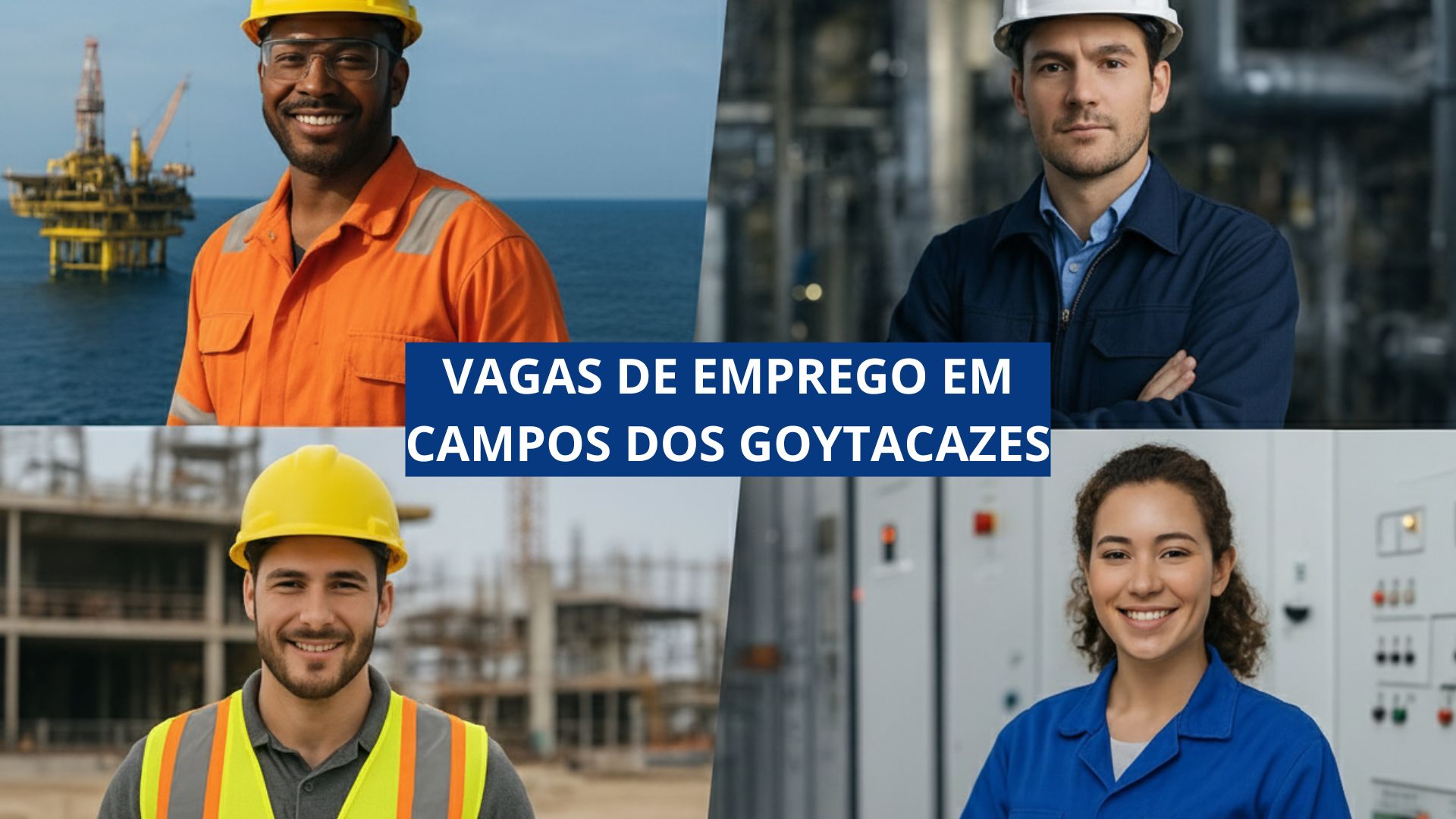 Colagem de quatro fotos mostrando profissionais em áreas industriais como plataforma de petróleo, instalações técnicas, construção civil e sala de controle, com o texto “Vagas de Emprego em Campos dos Goytacazes” ao centro.