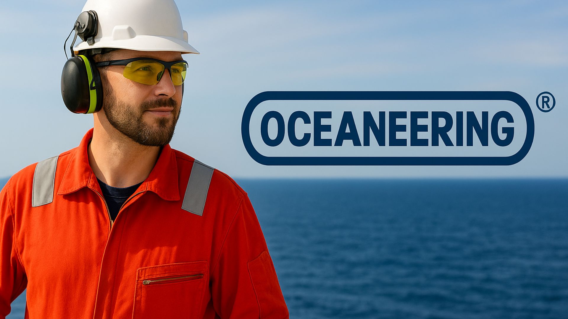 Profissional offshore da Oceaneering em traje de segurança completo, com o mar ao fundo, representando operações embarcadas.