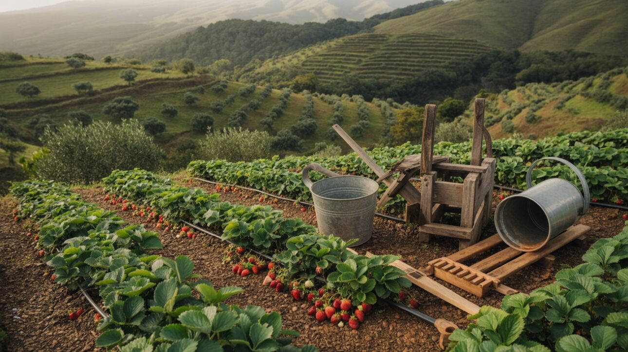 Producción orgánica en el sur de Minas muestra rutina de cultivos como aceitunas y fresas en propiedad familiar. (Imagen: ilustración/ IA)