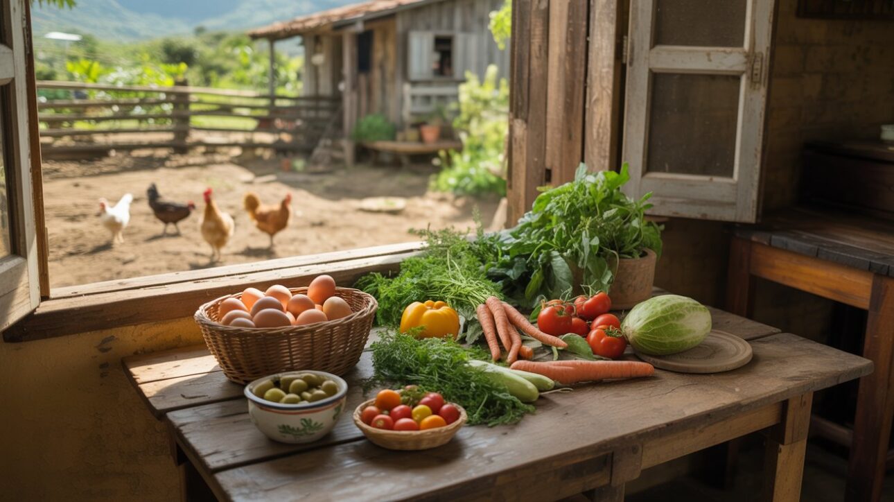 La alimentación del sitio es abastecida por hortalizas, huevos y productos recolectados directamente de la huerta. (Imagen: ilustración/ IA)