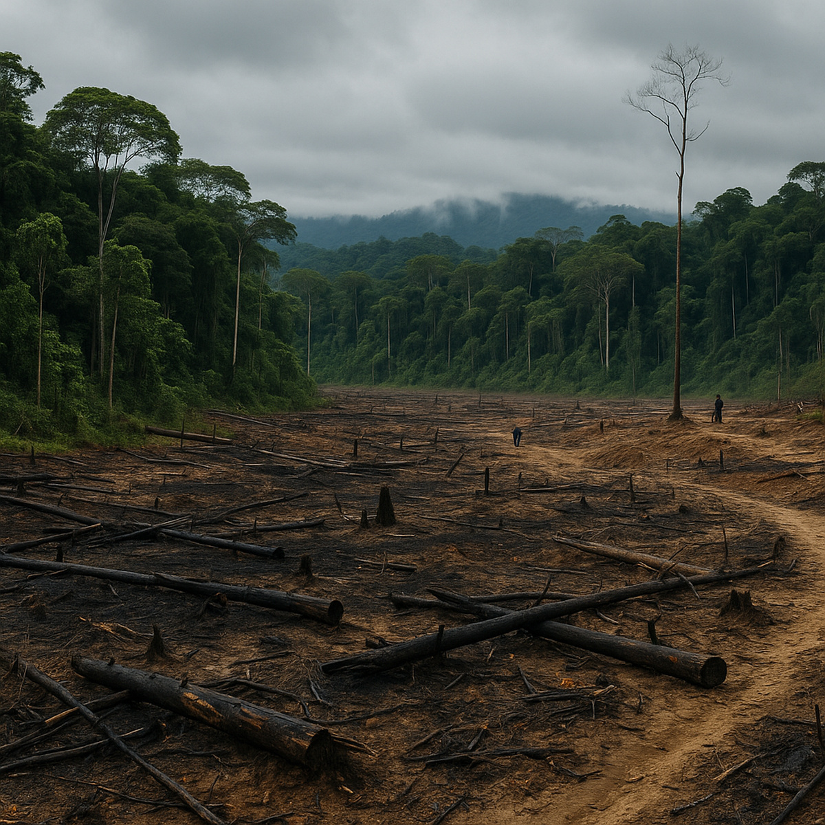 Área de desmatamento na Amazônia vista em alta resolução, mostrando troncos queimados, solo degradado e a floresta intacta ao fundo, simbolizando o risco ambiental e sanitário descrito na COP30.